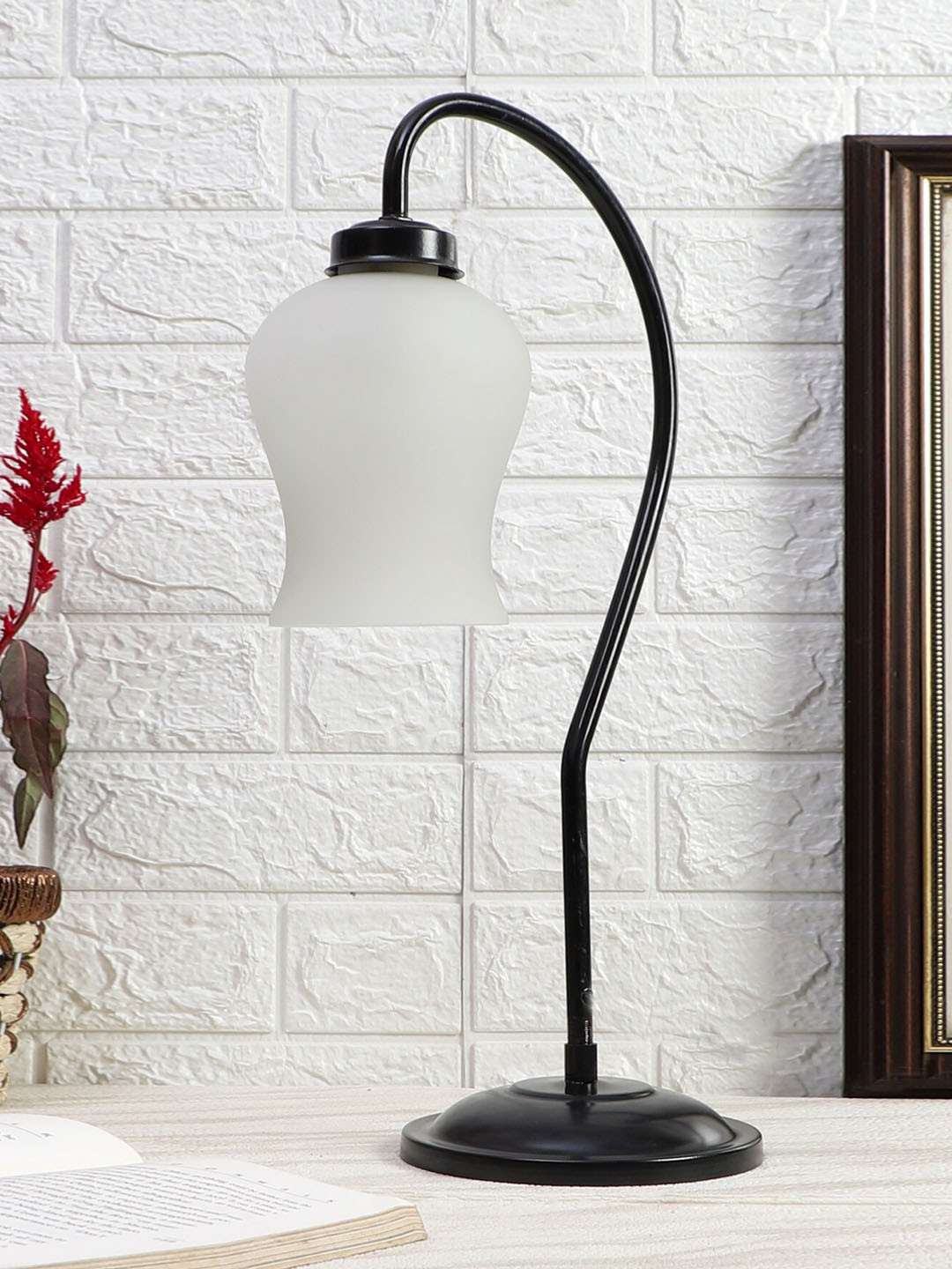 Devansh White & Black Glass Curvy Table Lamp With Iron Base