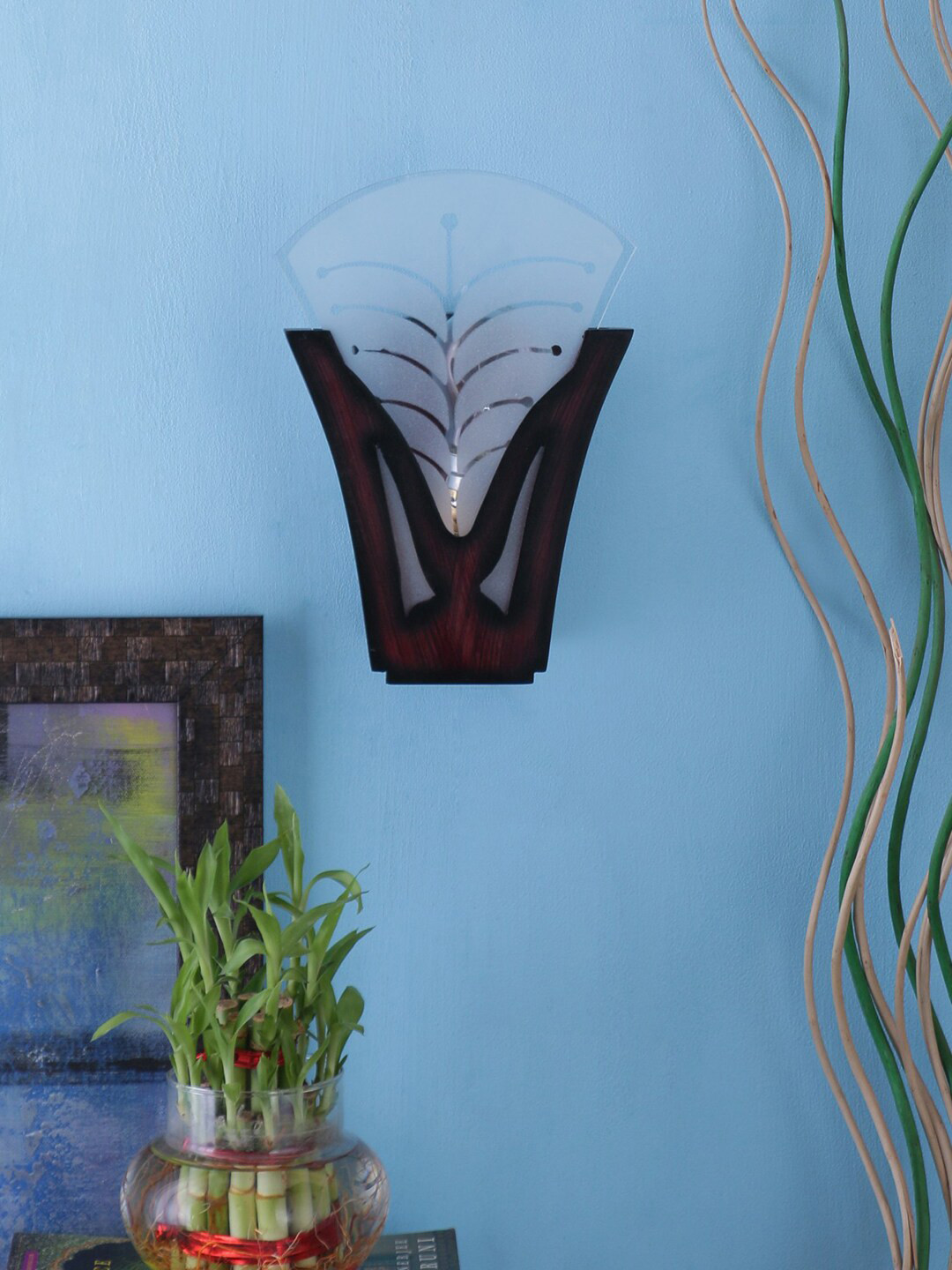 Devansh Brown & White Self-Design Wooden Glass Mounted Wall Lamp