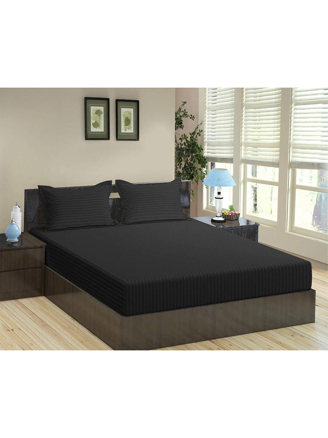 Bajo's Grey Striped Cotton 220 TC Queen Fine Bedsheet with 2 Pillow Covers-100 x 90 inches