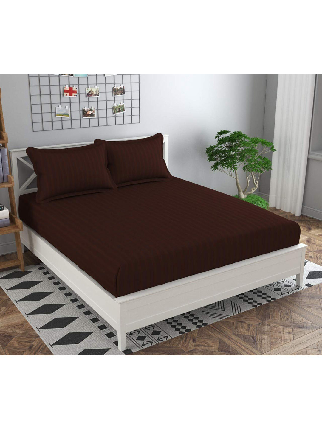 Bajo's Coffee Brown Striped Cotton 220 TC Queen Fine Bedsheet with 2 Pillow Covers-250 x 225 cm