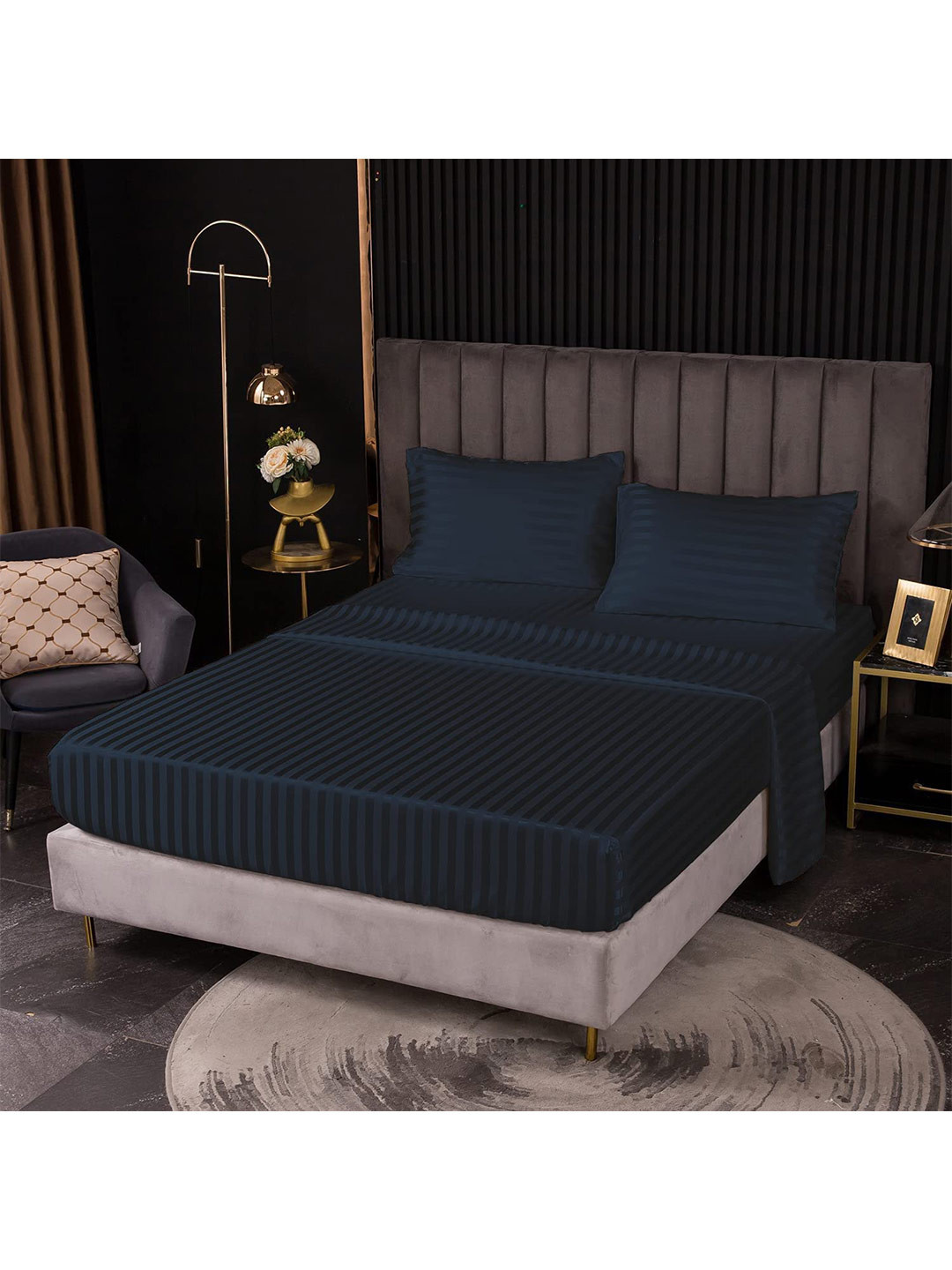 Bajo's Navy Blue Striped Cotton 220 TC Queen Fine Bedsheet with 2 Pillow Covers-98 x 89 inches