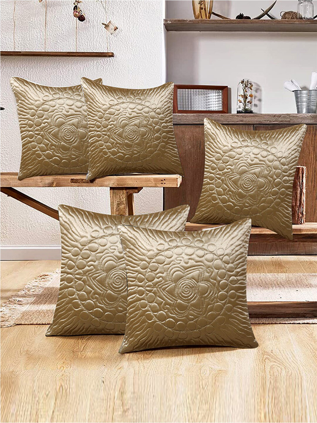 Kuber Industries Self Design Velvet Durable 5 Pcs Textured Square Cushion Covers -16x16In