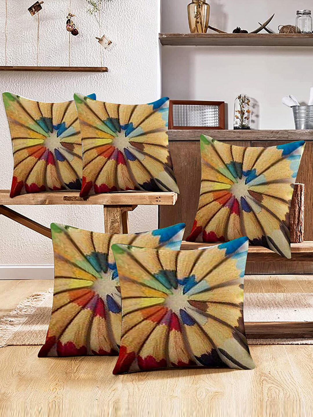 Kuber Industries 5 Pieces Brown & Blue Abstract Square Cushion Covers