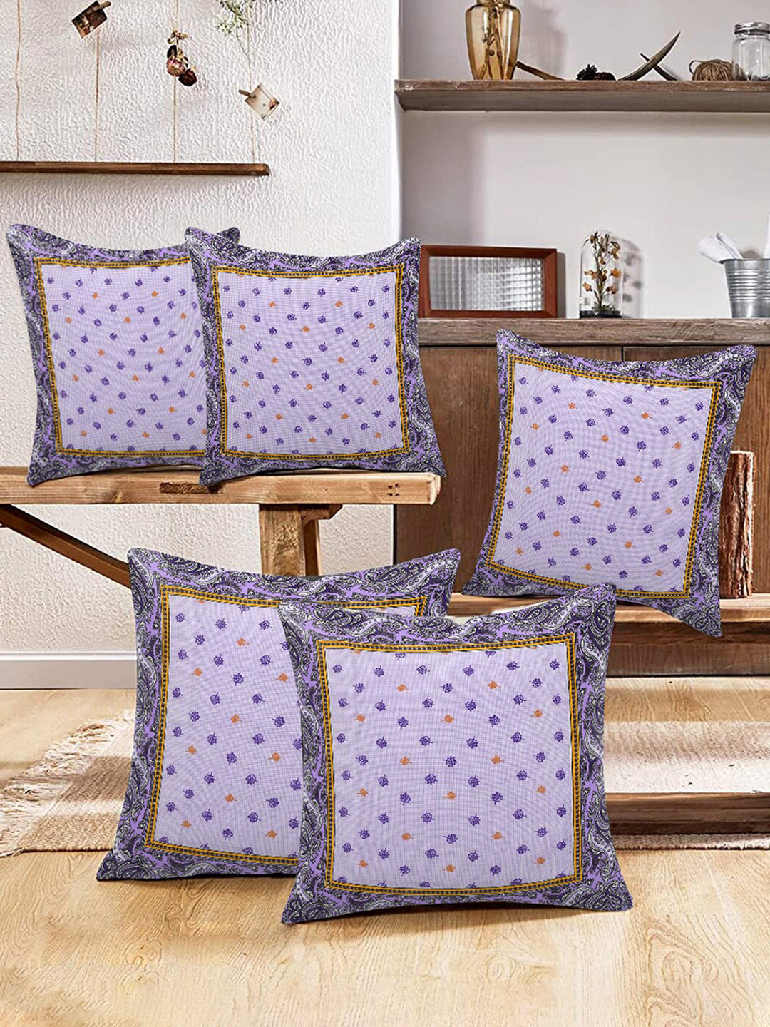 Kuber Industries 5 Pieces Purple & Yellow Quirky Square Cotton Cushion Covers