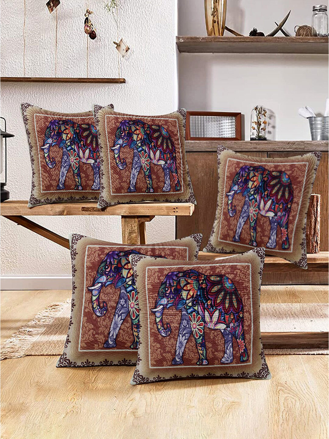 Kuber Industries 5 Pieces Brown & Blue Ethnic Motifs Printed Rectangle Cushion Covers