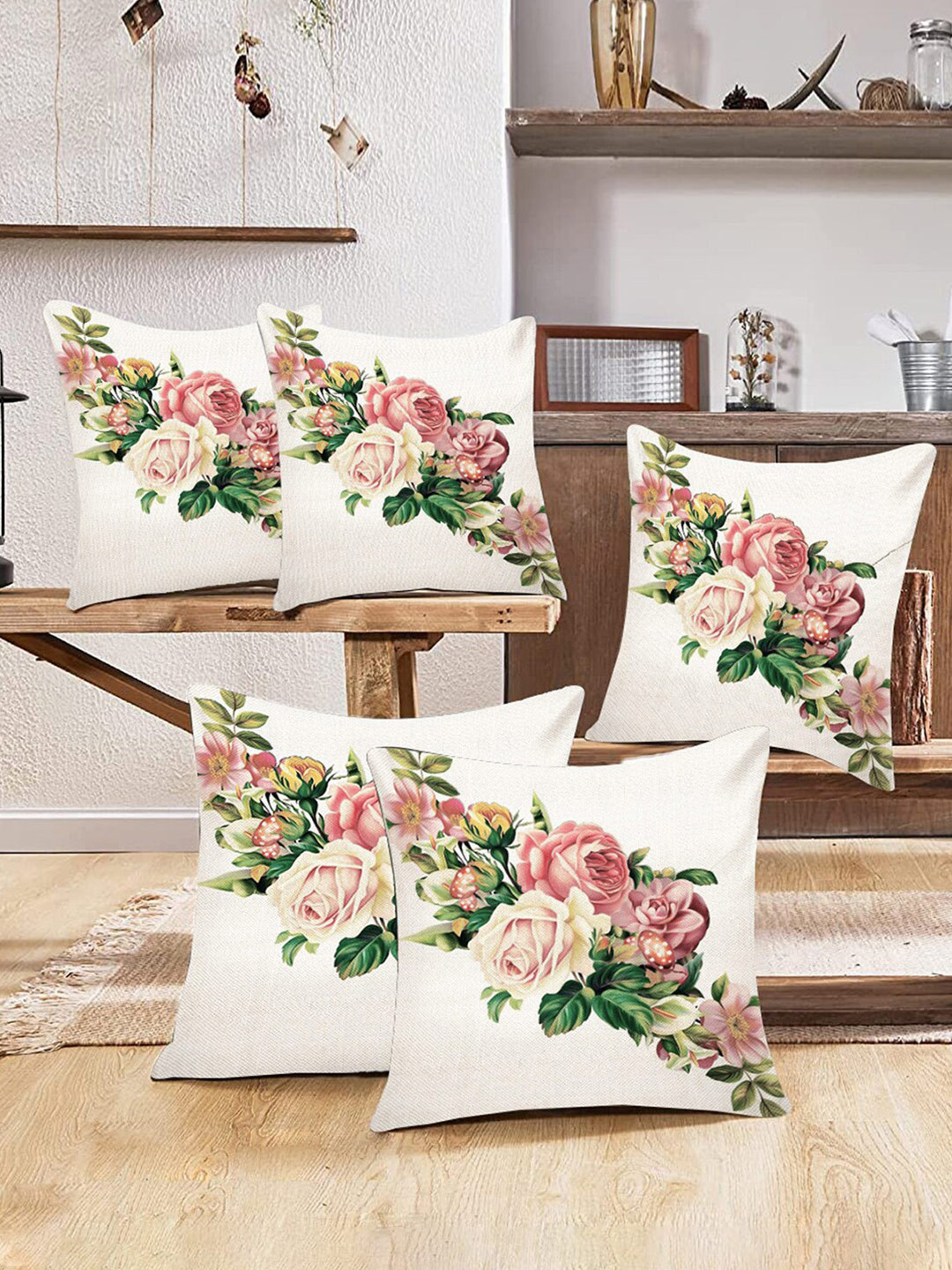 Kuber Industries 5 Pieces White & Green Floral Rectangle Cushion Covers