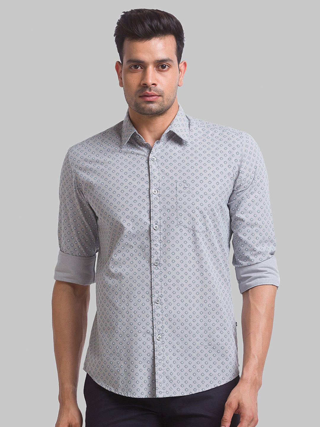 Parx Men Plus Size Geometric Printed Spread Collar Cotton Slim Fit Casual Shirt