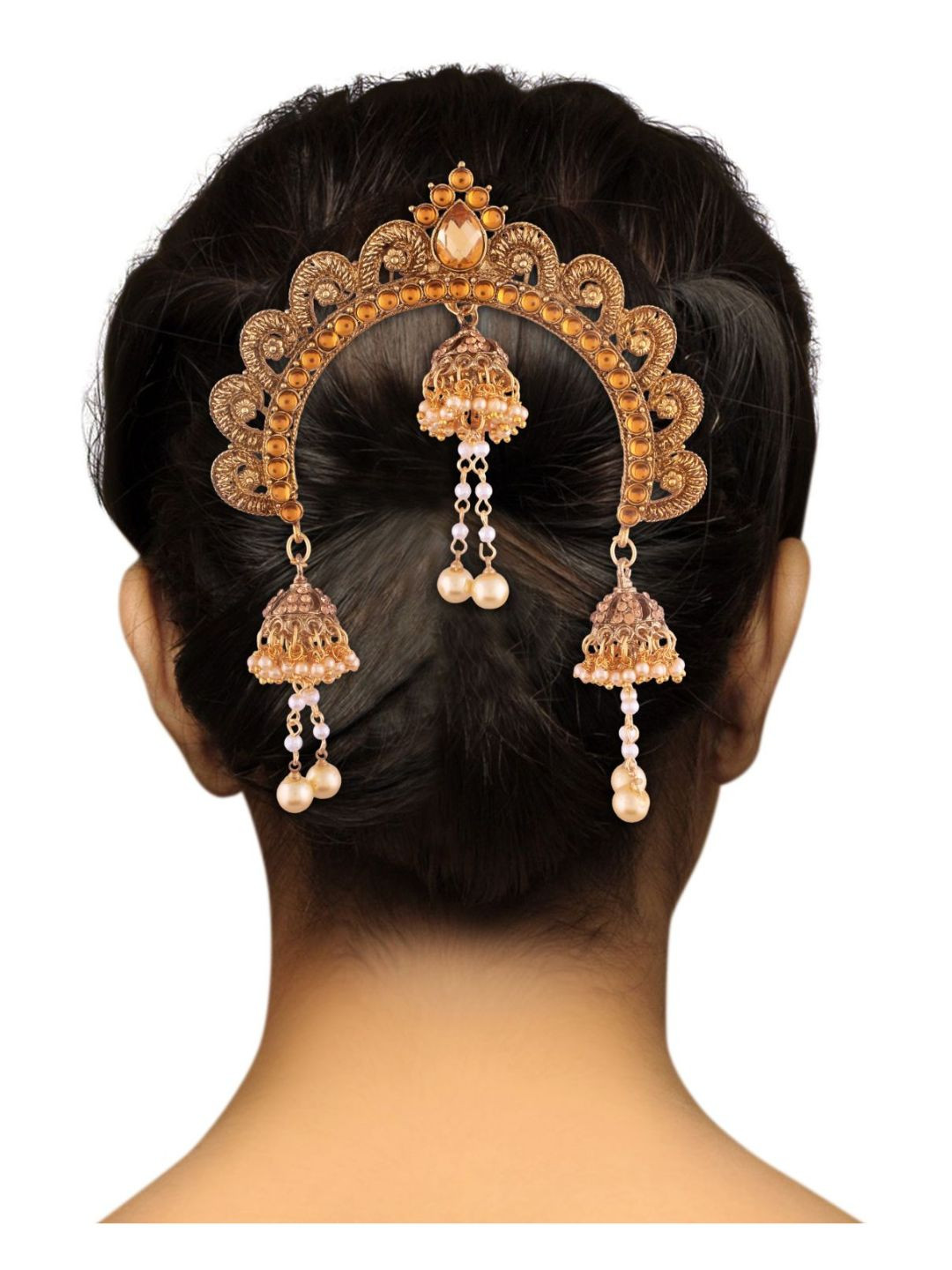 I Jewels Gold-Plated Stone Studded Pearl Detailed Alloy Bun Pin