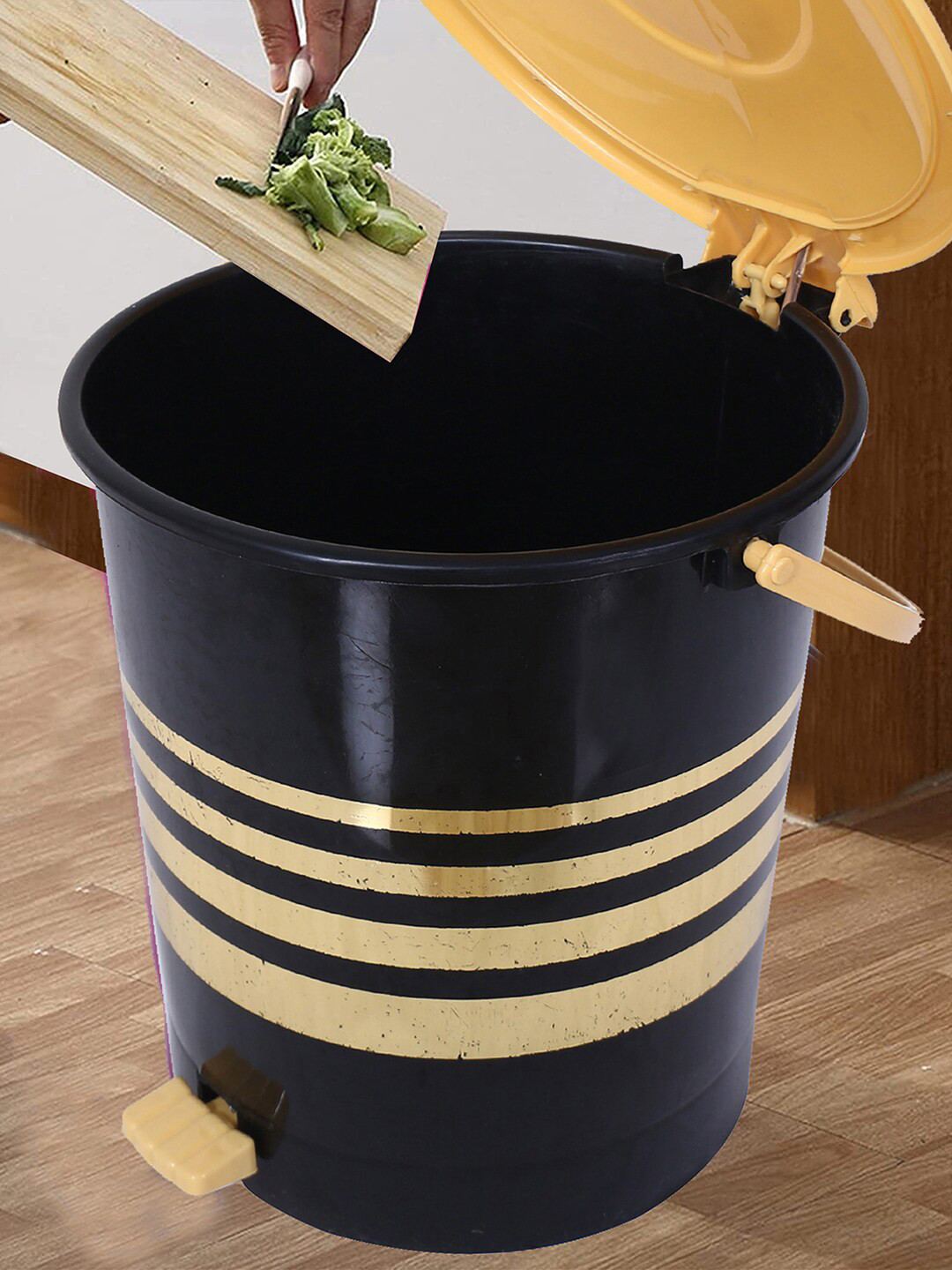 Kuber Industries Black & White 2 Pieces Striped Pedal Dustbin 10 L Each