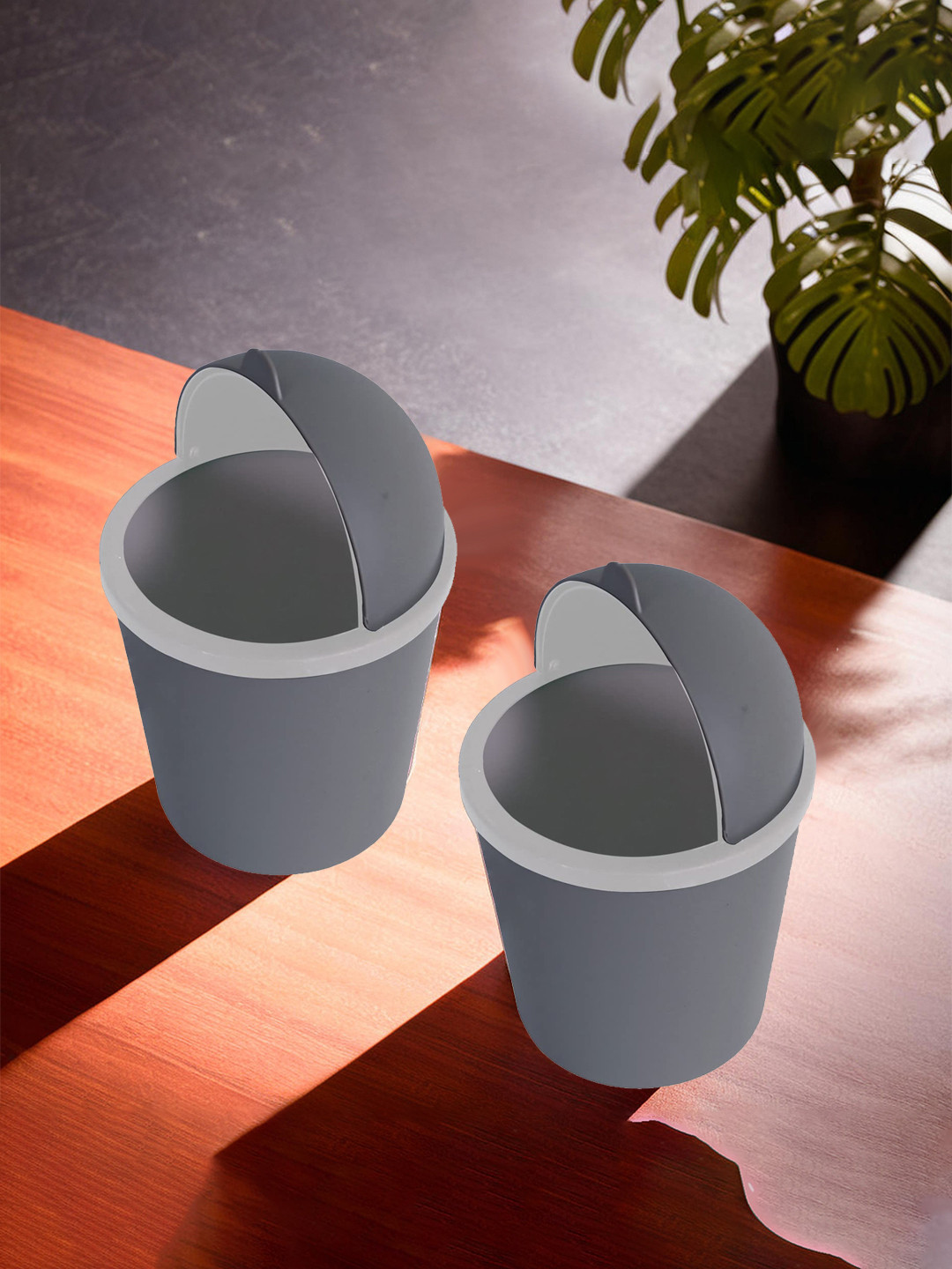 Kuber Industries Grey 2 Pcs Swinging Lid Teddy Table Dustbin 3 L Each