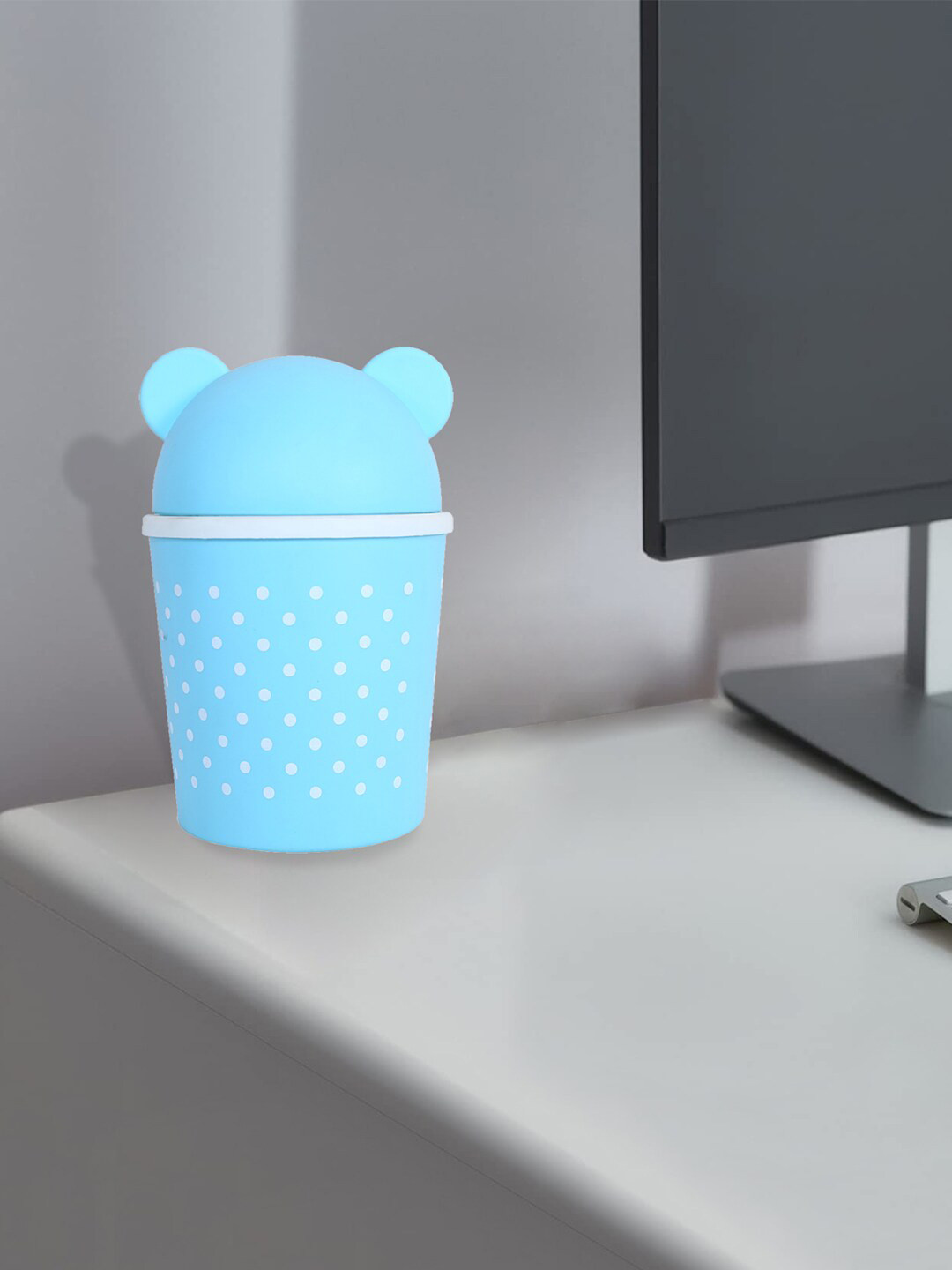 Kuber Industries Sky Blue & White 2 Pcs Printed Swinging Lid Teddy Table Dustbin 3 L Each