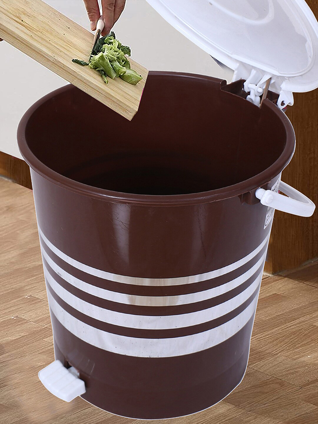 Kuber Industries 2 Pieces Brown & White Striped Plastic Pedal Dustbins 10 L Each