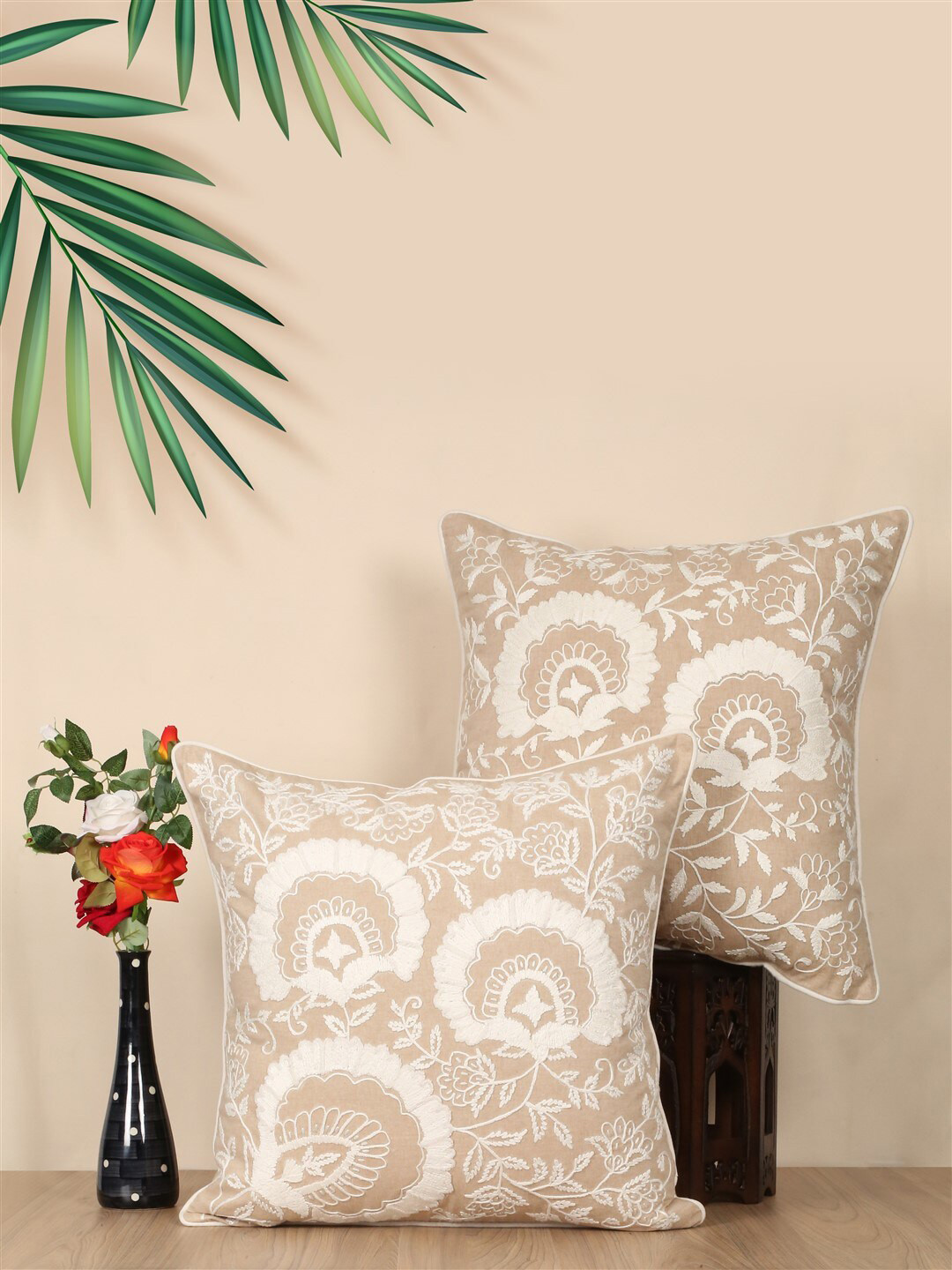 SHADES of LIFE Floral Cotton Lightweight 2 Pcs Embroidered Cushion Covers - 24 x 24 In