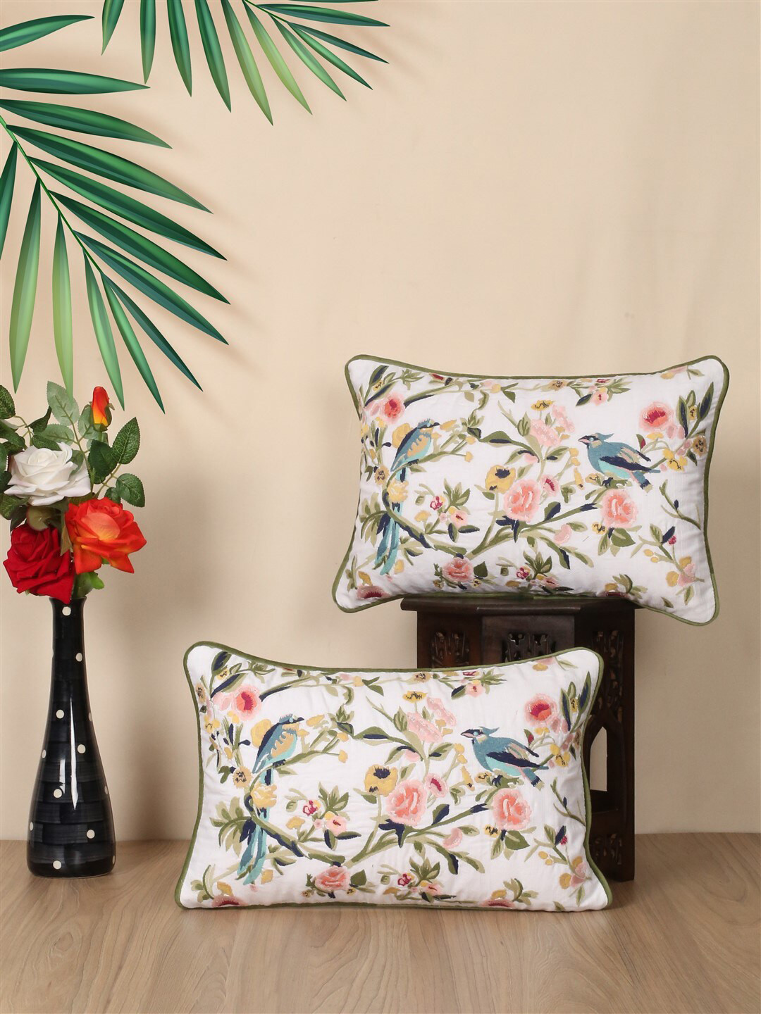 SHADES of LIFE Cream Embroidered Cotton Breathable 2 Pcs Rectangle Cushion Covers -16x16In