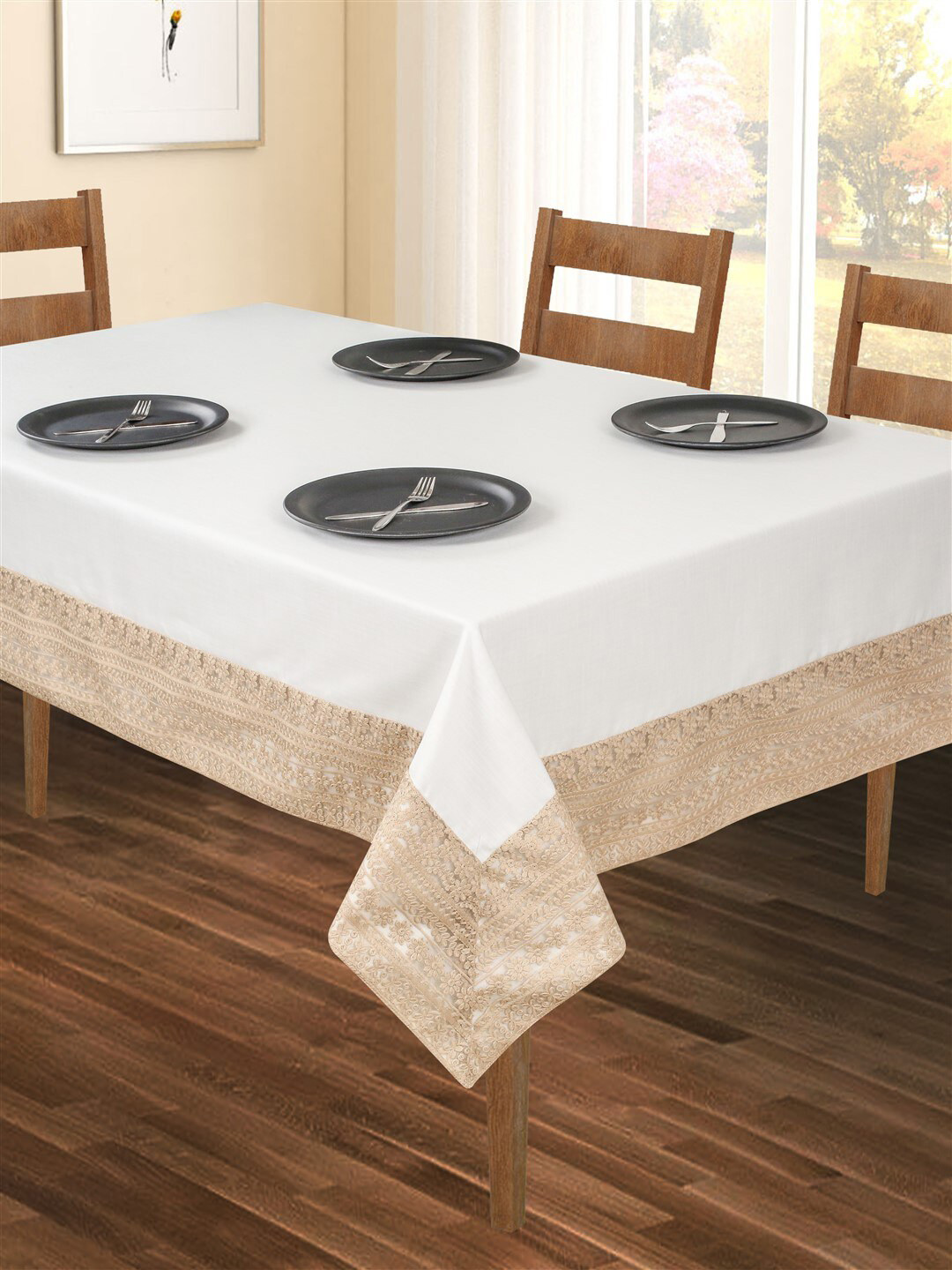 SHADES of LIFE Beige-Coloured & White Embroidered Border Pure Cotton 6-Seater Table Cover