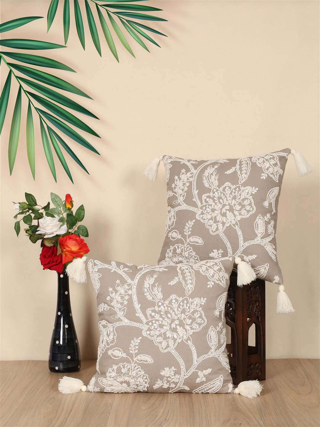 SHADES of LIFE Embroidered Cotton 2 Pcs Square Cushion Covers - 16 x 16 In