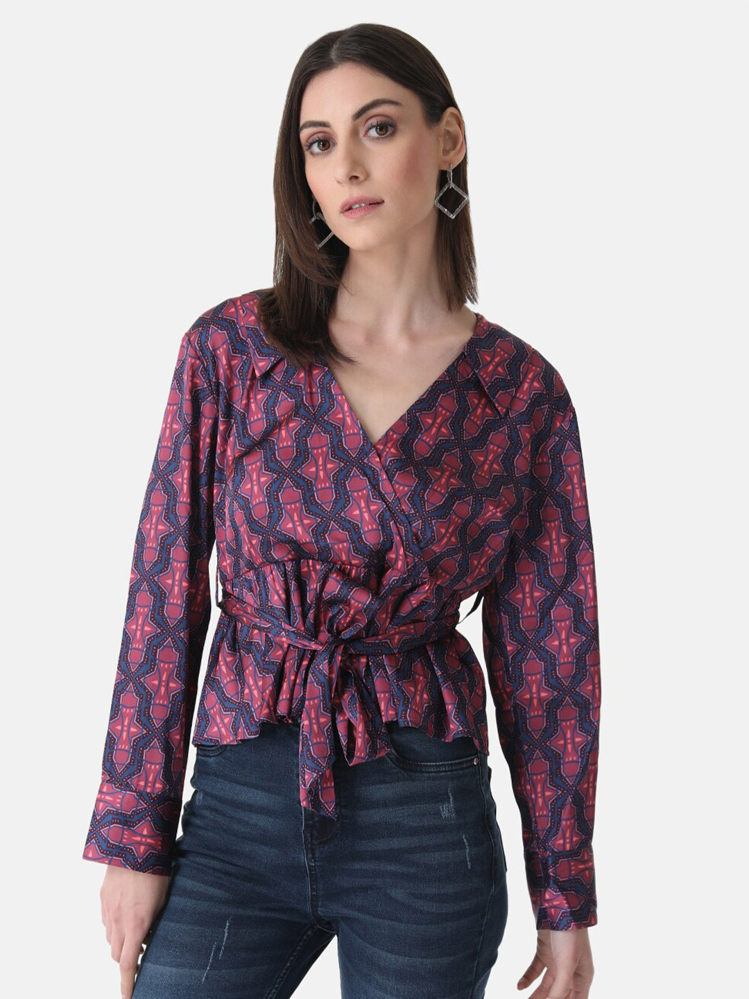 Kazo Pink Ethnic Motifs Printed Satin Top