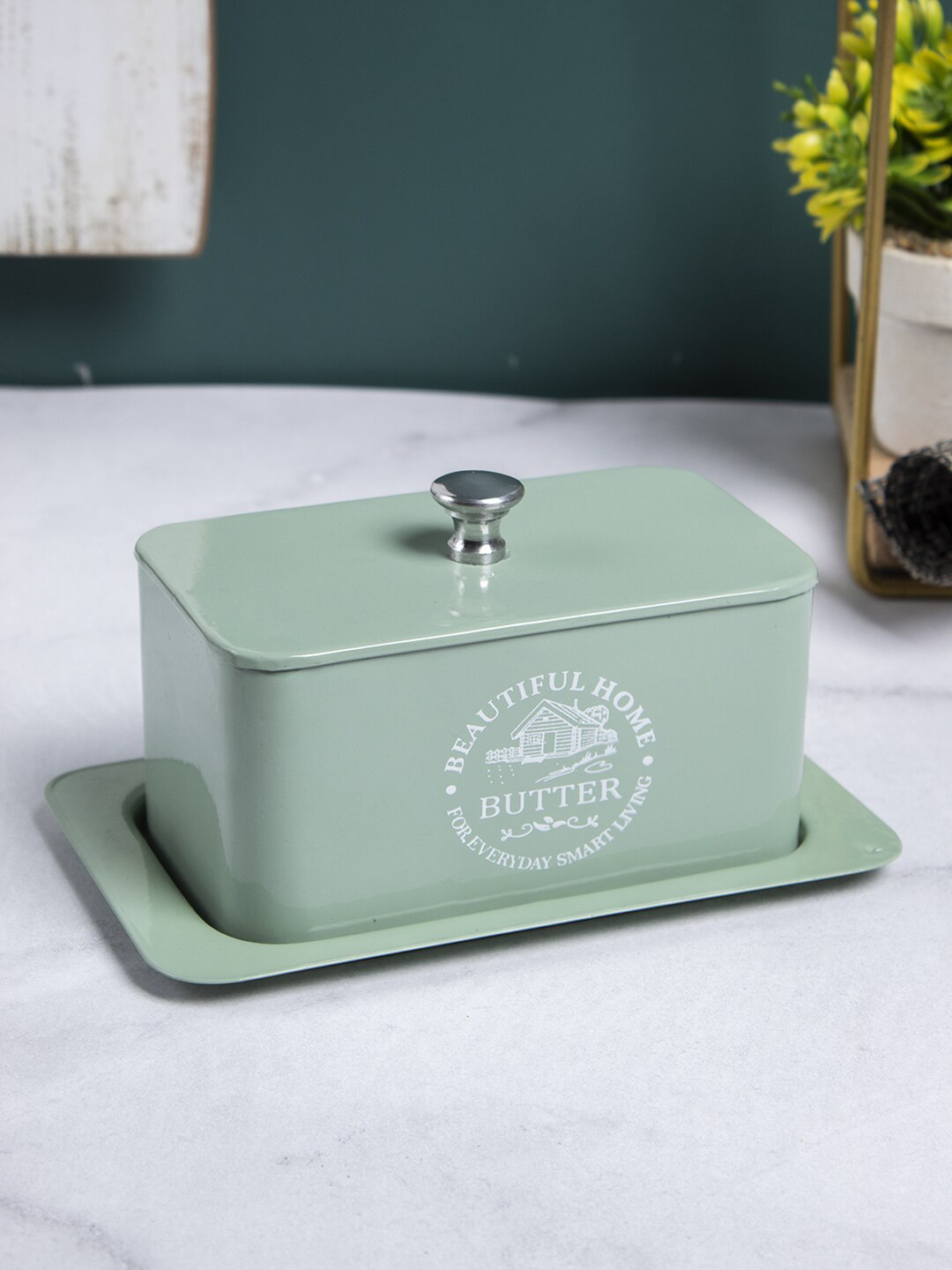 MARKET99 Green & White Printed Butter Dish With Lid
