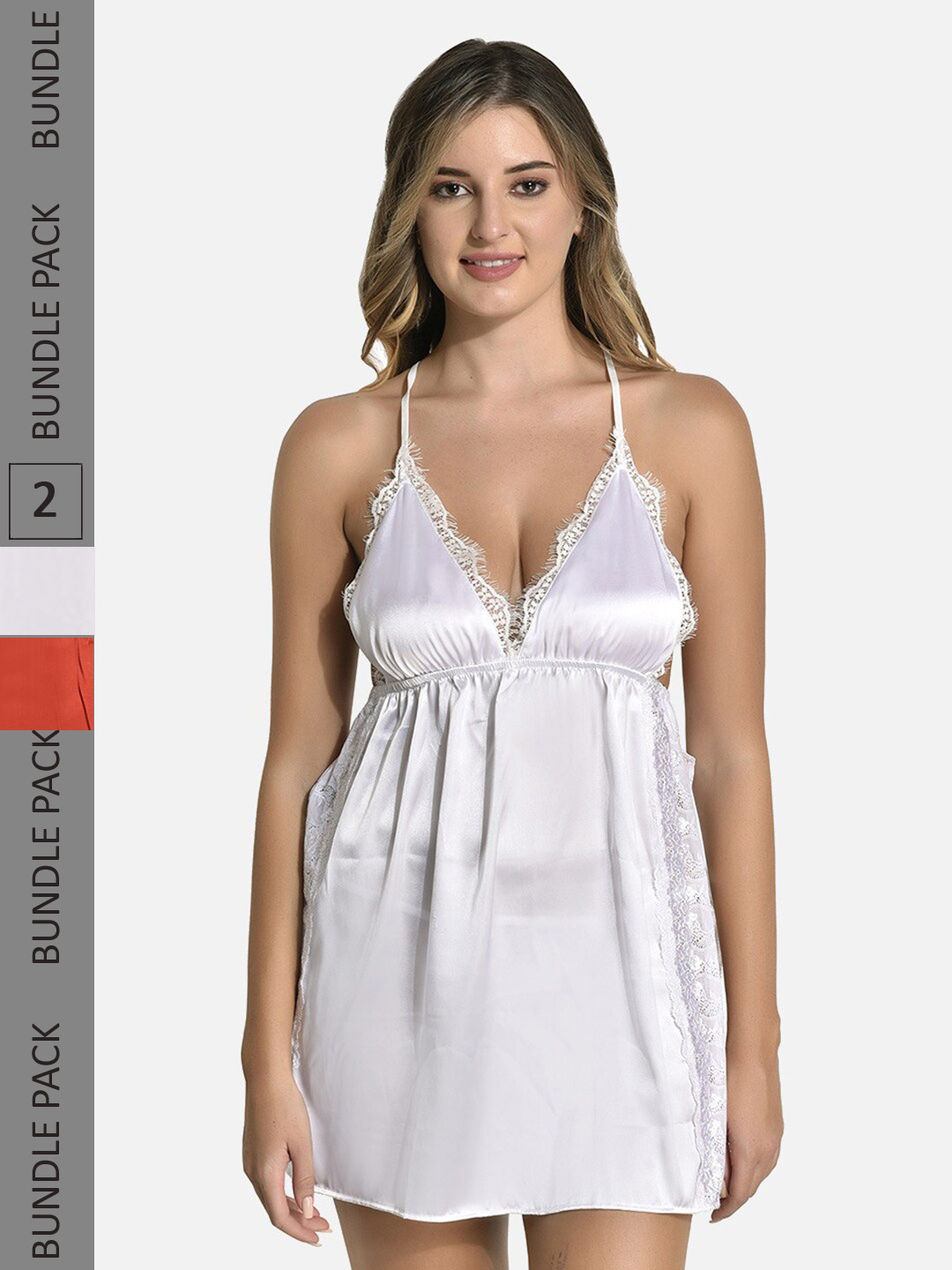 StyFun Pack Of 2 Satin Lace Babydoll Lingerie Set