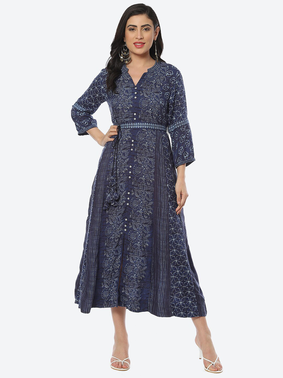 Biba Printed Band Collar A-Line Midi Dress
