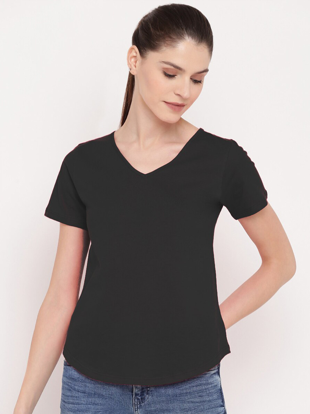 A.T.U.N. V-Neck Curved Hemline Cotton T-shirt