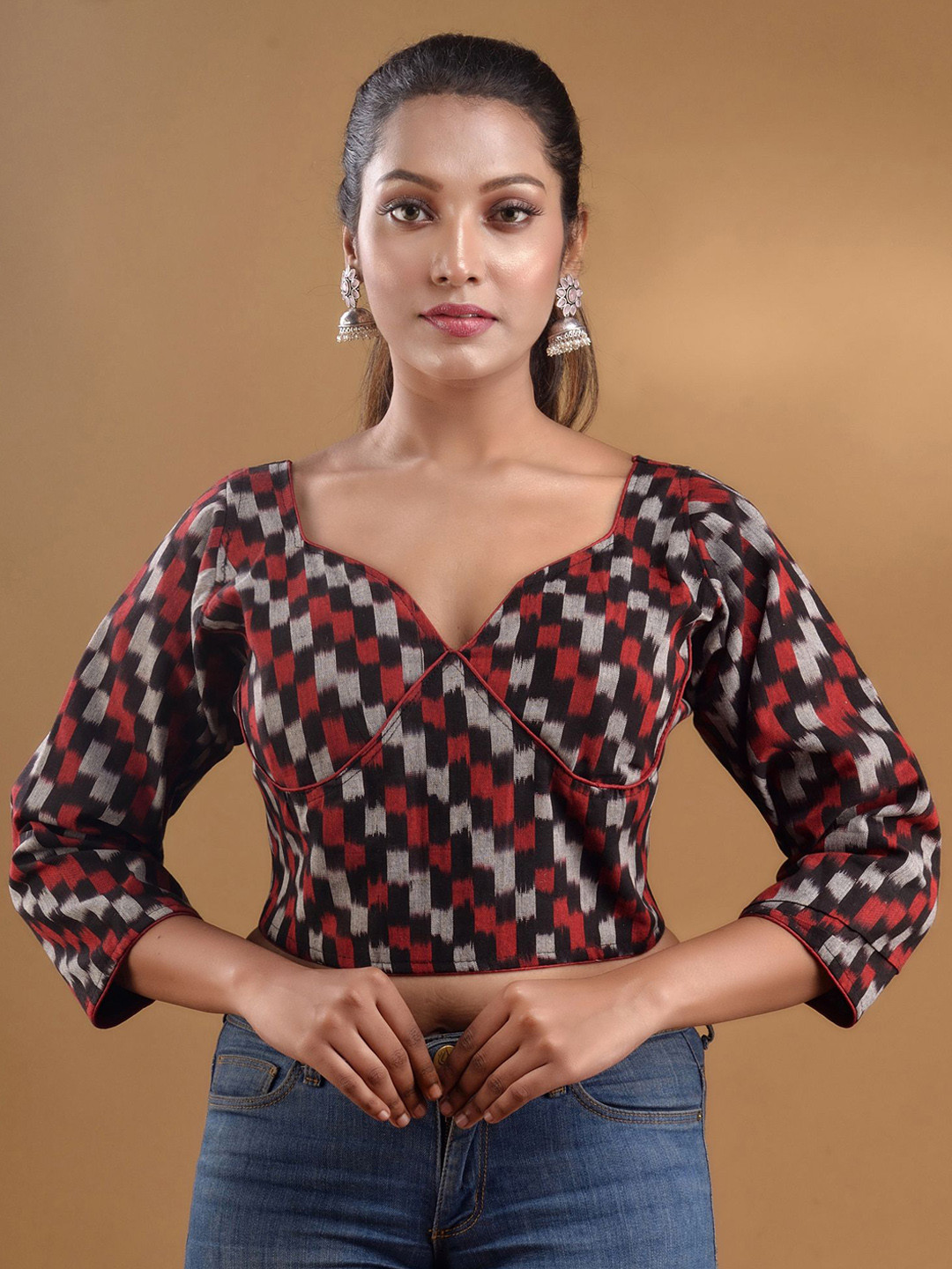 Charukriti Printed Sweetheart Neck Cotton Saree Blouse