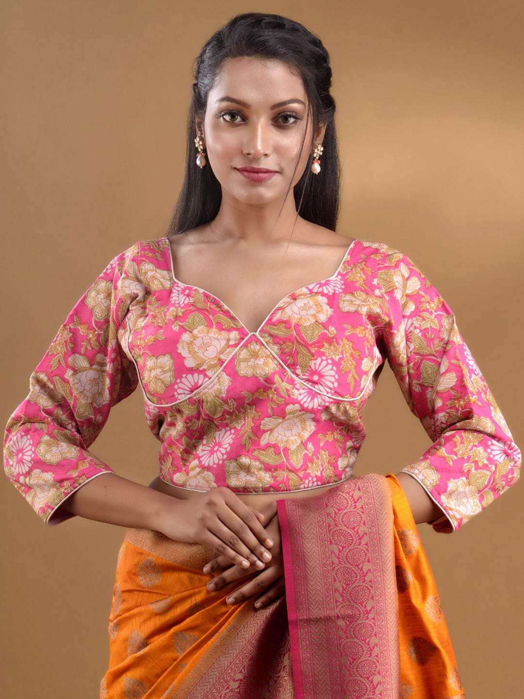 Charukriti Printed Sweetheart Neck Cotton Saree Blouse