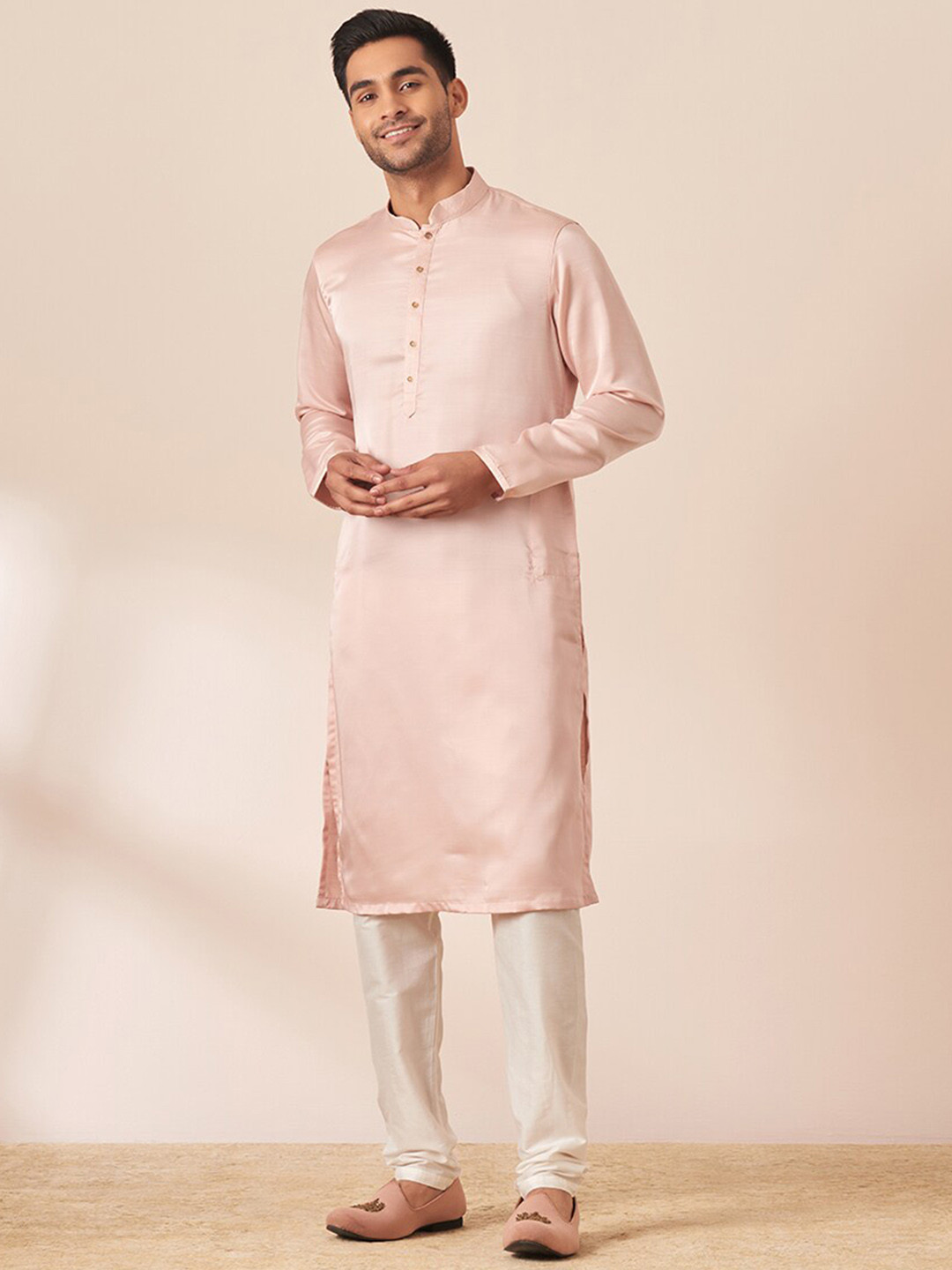 Manyavar Men Mandarin Collar Satin Kurta with Pyjama