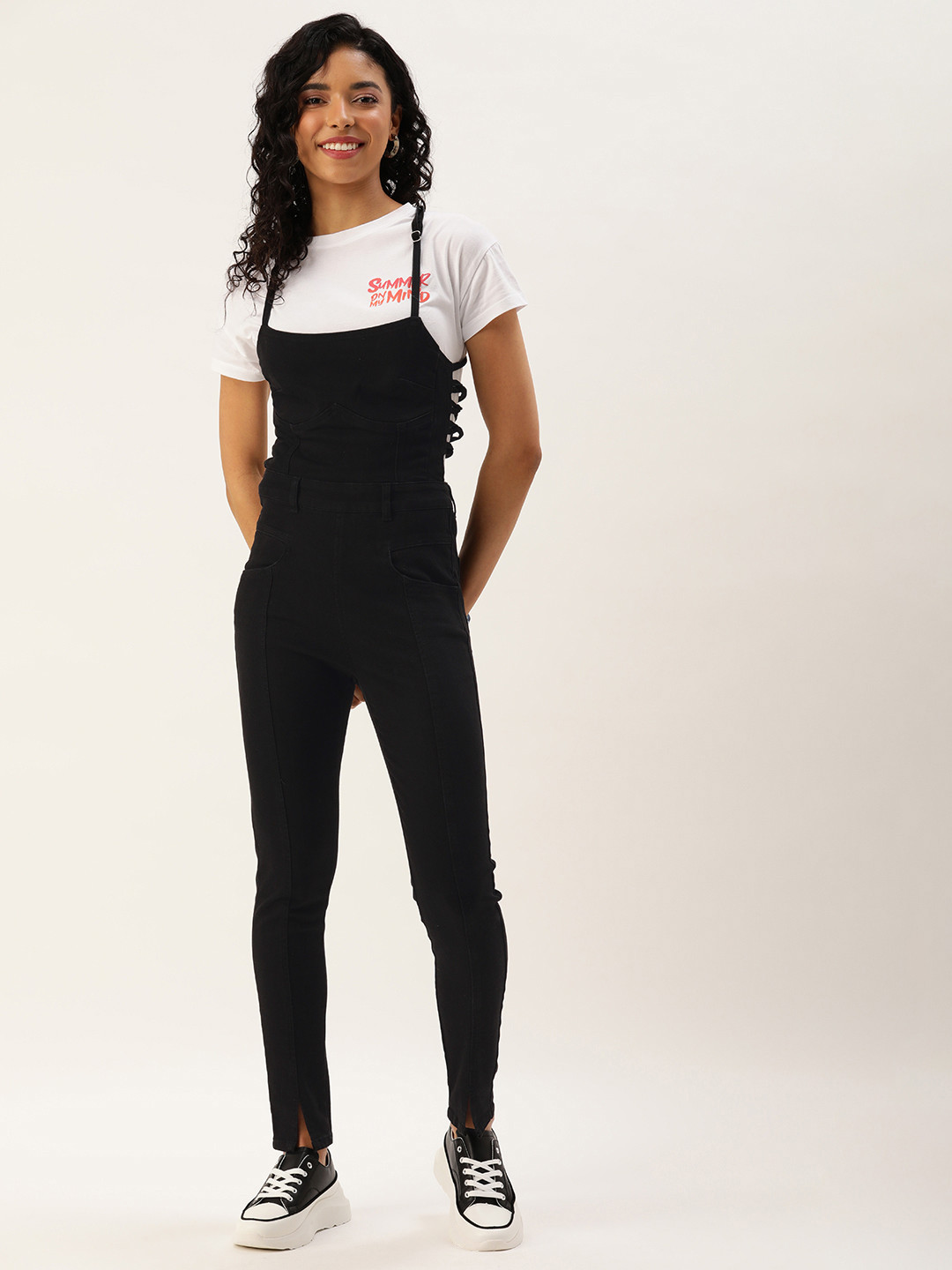 FOREVER 21 Solid Shoulder Straps Back Tie-Ups Jumpsuit