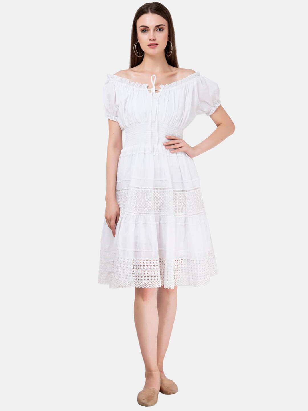 SAAKAA Off-Shoulder Self Design Pure Cotton Fit And Flare Dress