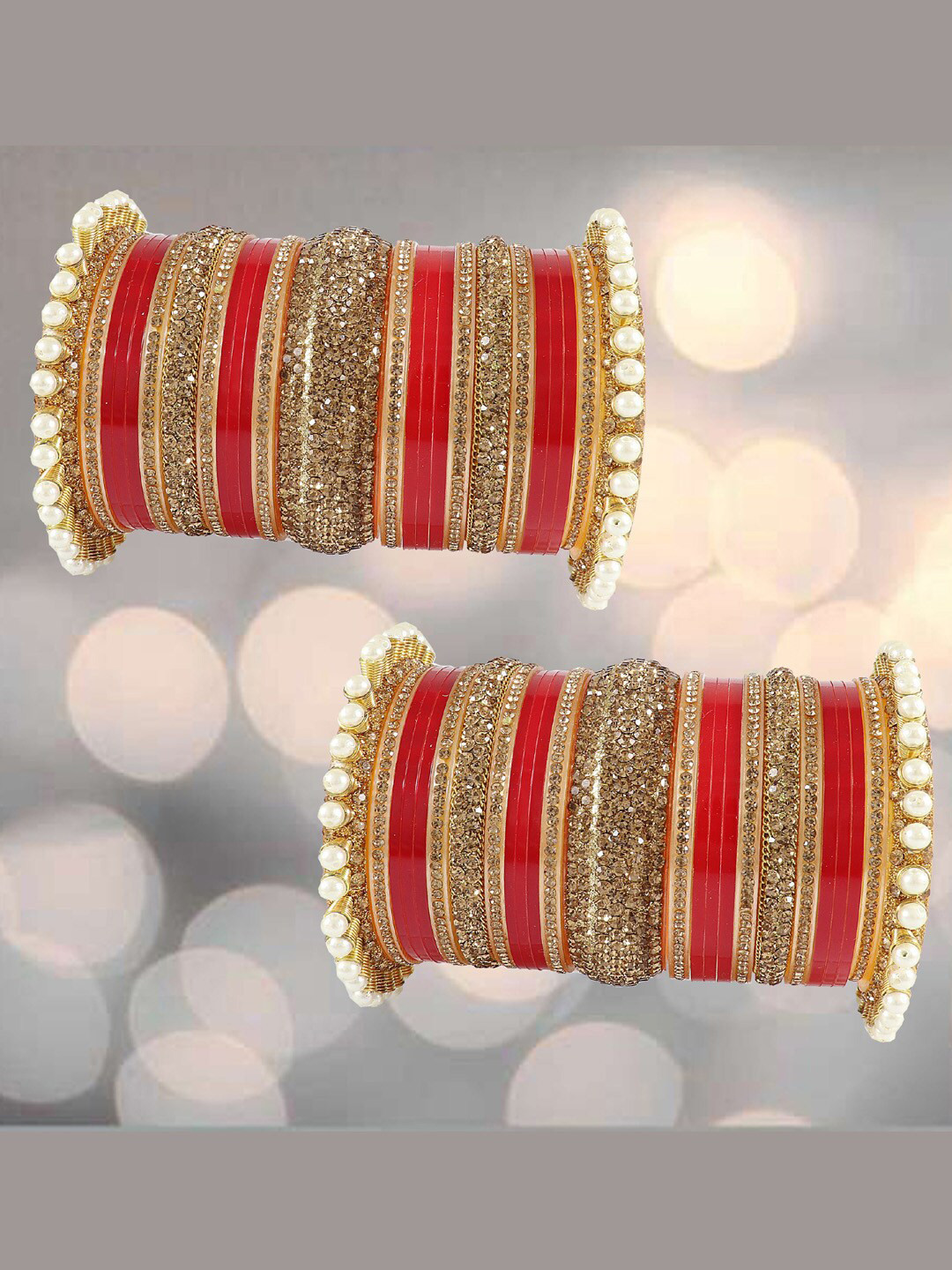 NMII Set of 50 Stone-Studded & Pearl Beaded Acrylic Bride Bangle