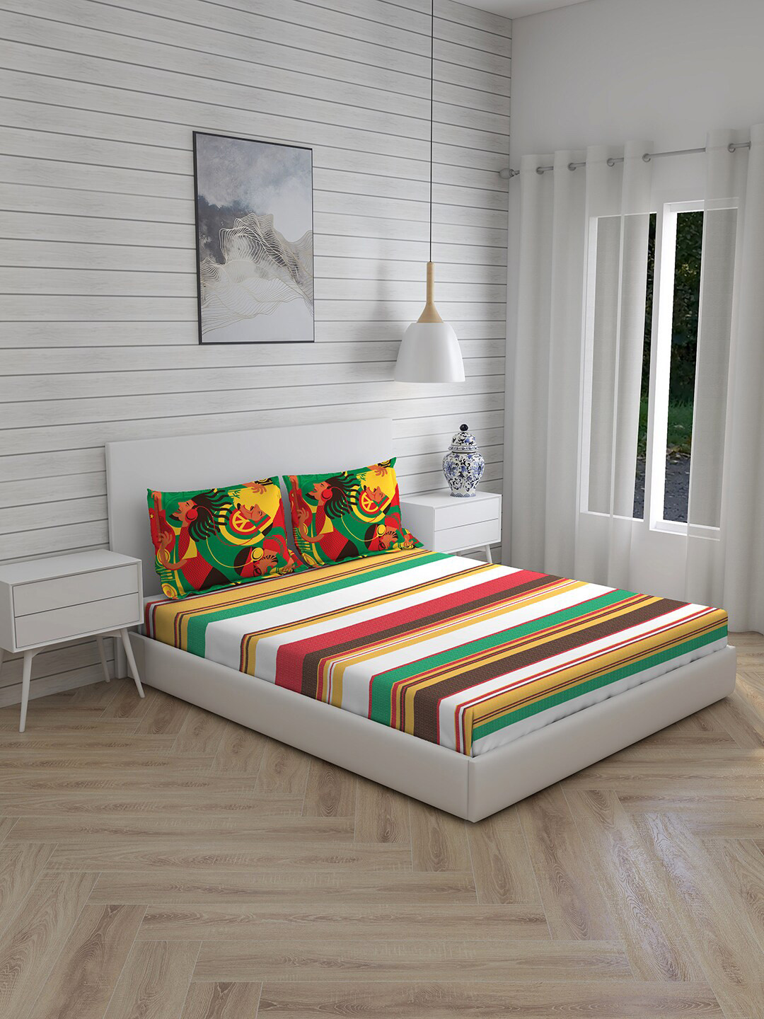 Boutique Living India Rasta Rhyms Green Flat Cotton King Bedsheet With 2 Pillow Covers