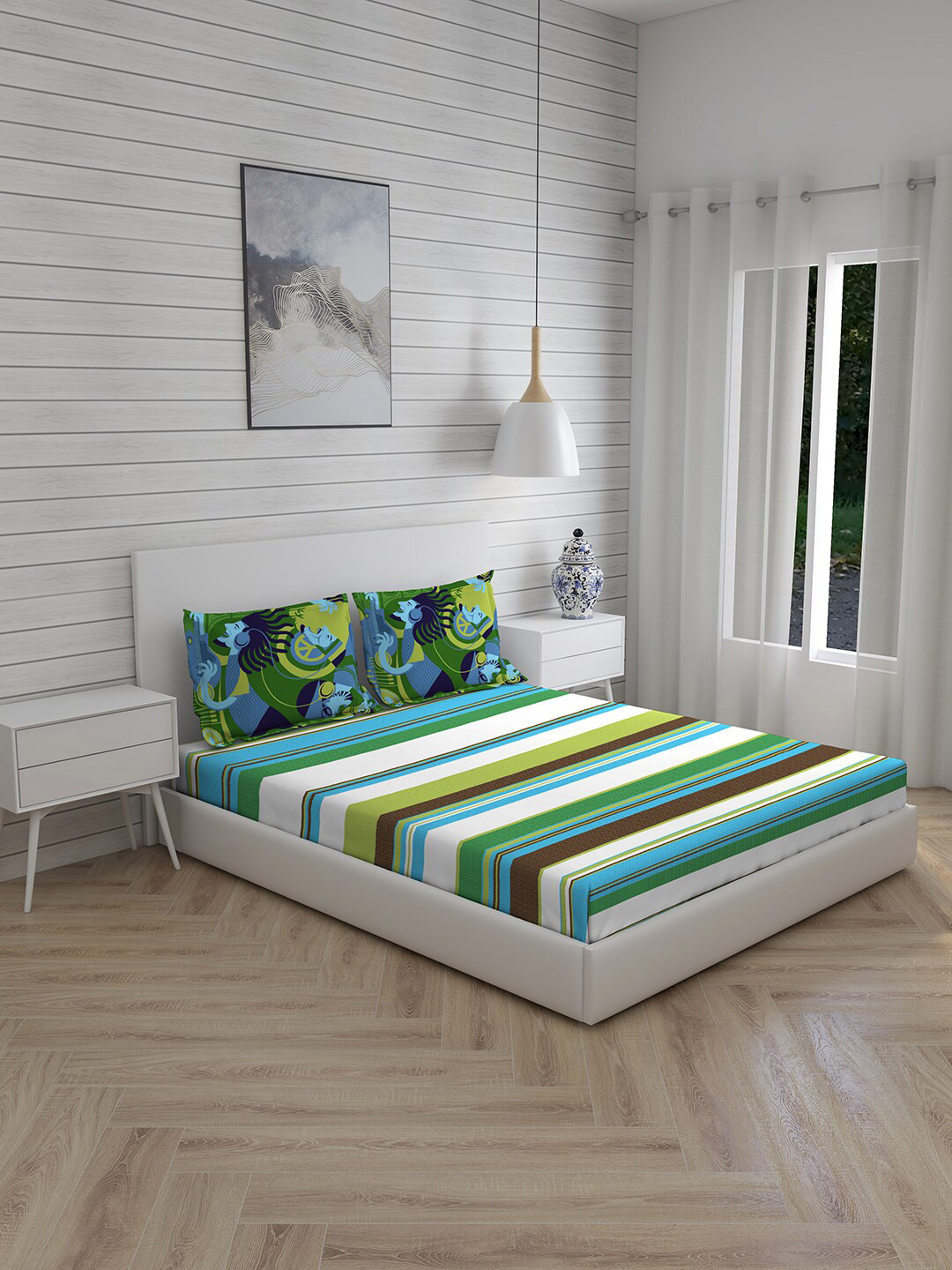 Boutique Living India Rasta Rhyms White Flat Cotton King Bedsheet & 2 Pillow Covers