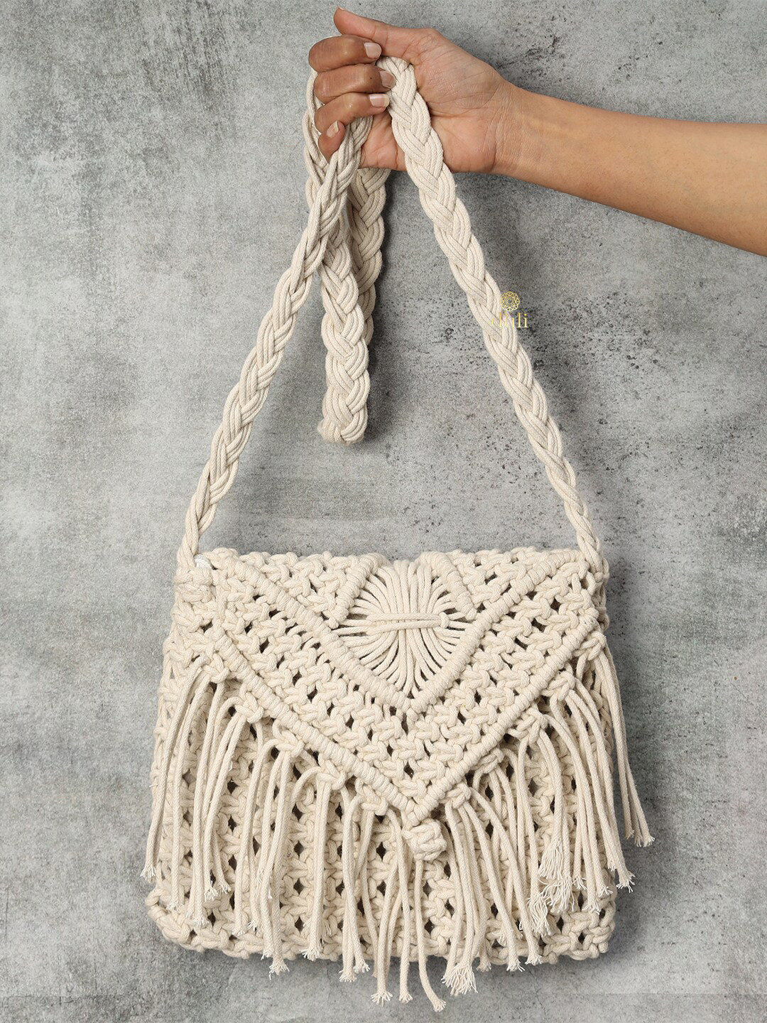 DULI Self Design Tasselled Cotton Macrame Sling Bag