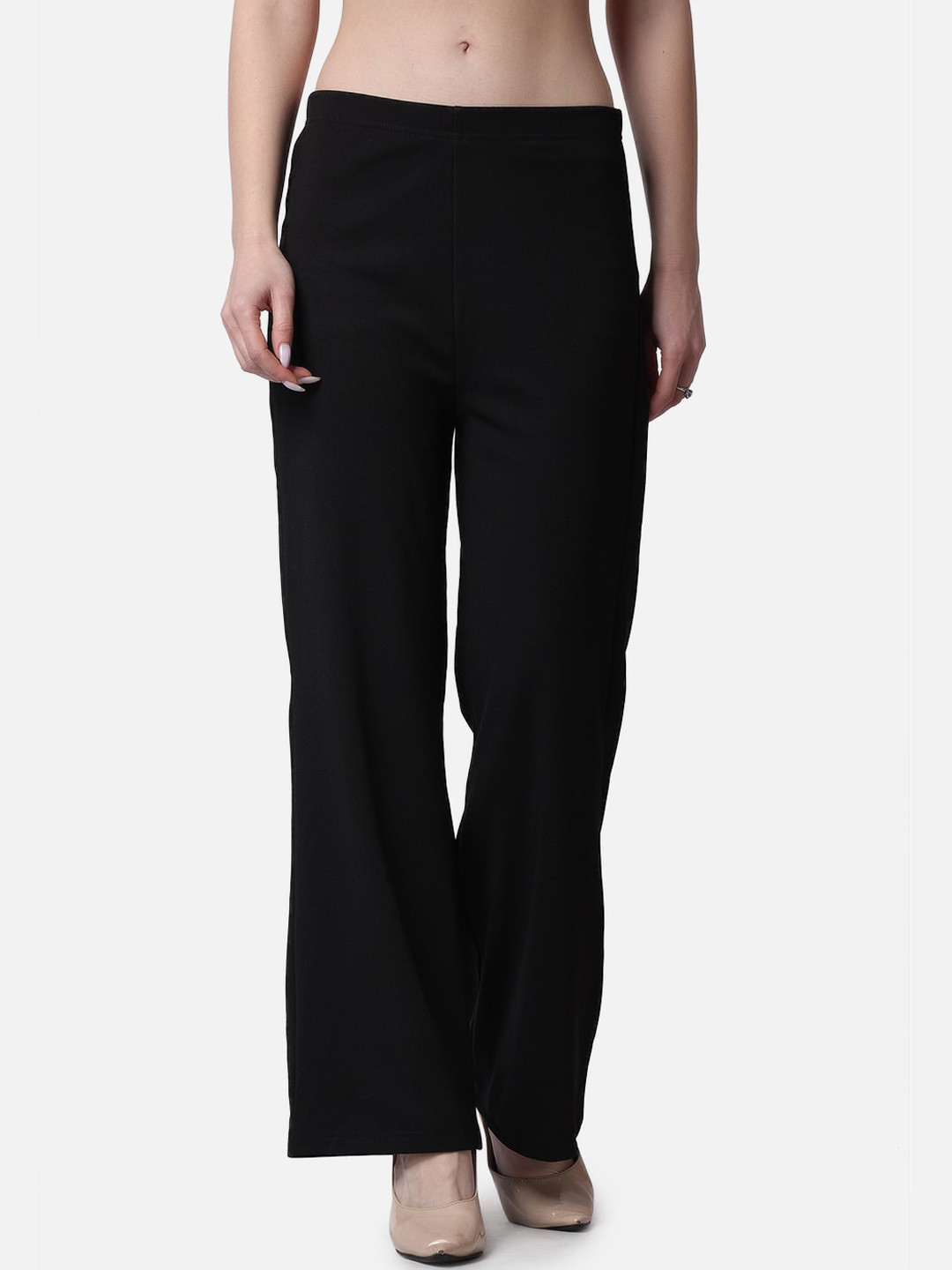 Popwings Women Relaxed Flared High-Rise Easy Wash Trousers