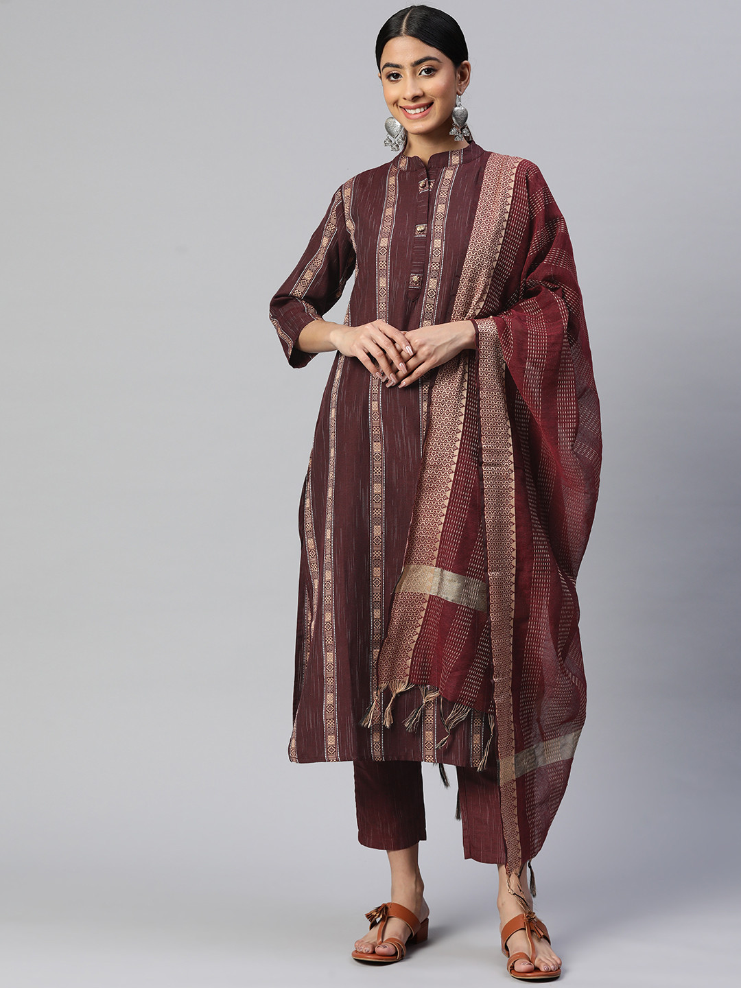 Vbuyz Woven Design Thread Work Kurta With Trousers & With Dupatta