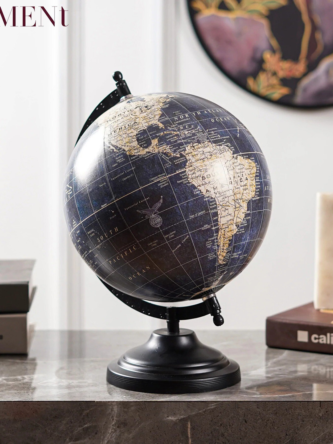 THE ARTMENT Minimal Nautical Navigator Blue & Beige HD Print Globe Showpiece