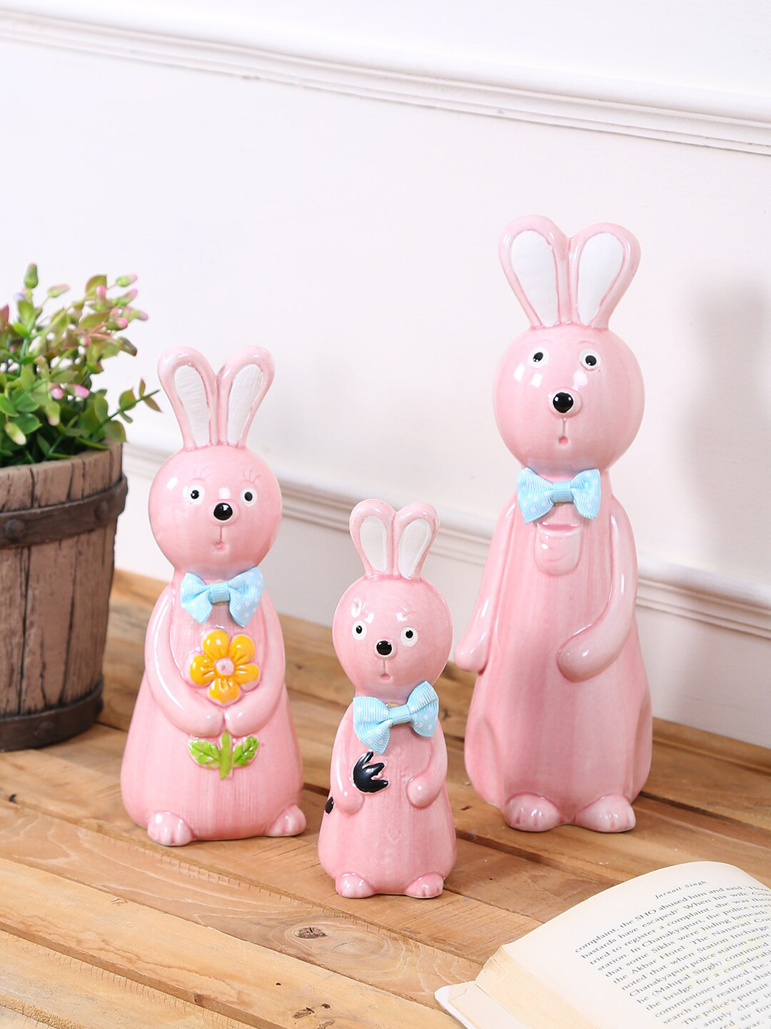 TAYHAA Rabbit Family Pink Ceramic Natural Living Room Set of 3 Medium Showpieces - 9.4 Inches