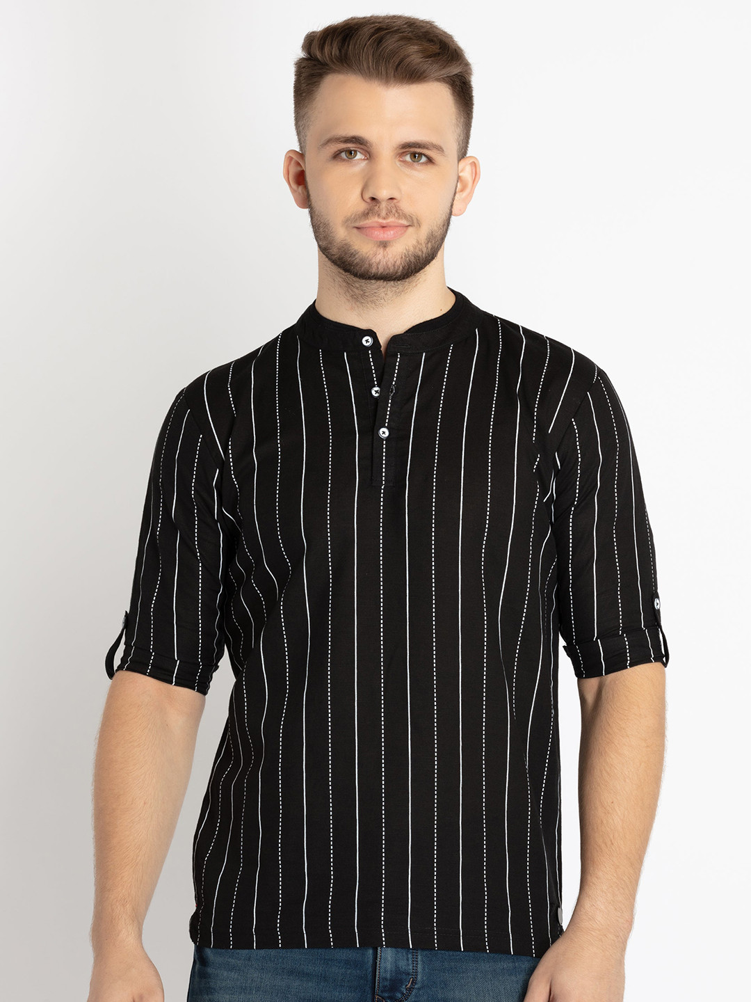 Status Quo Mandarin Collar Striped Cotton T-shirt