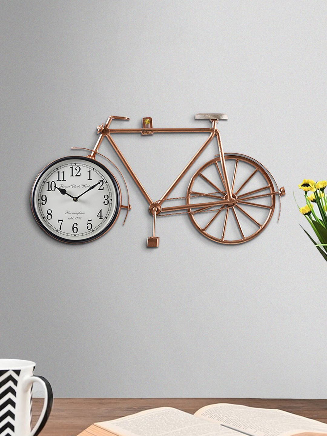 Aapno Rajasthan Bicycle Cream Metal Large Display Quirky Battery Analogue Wall Clock