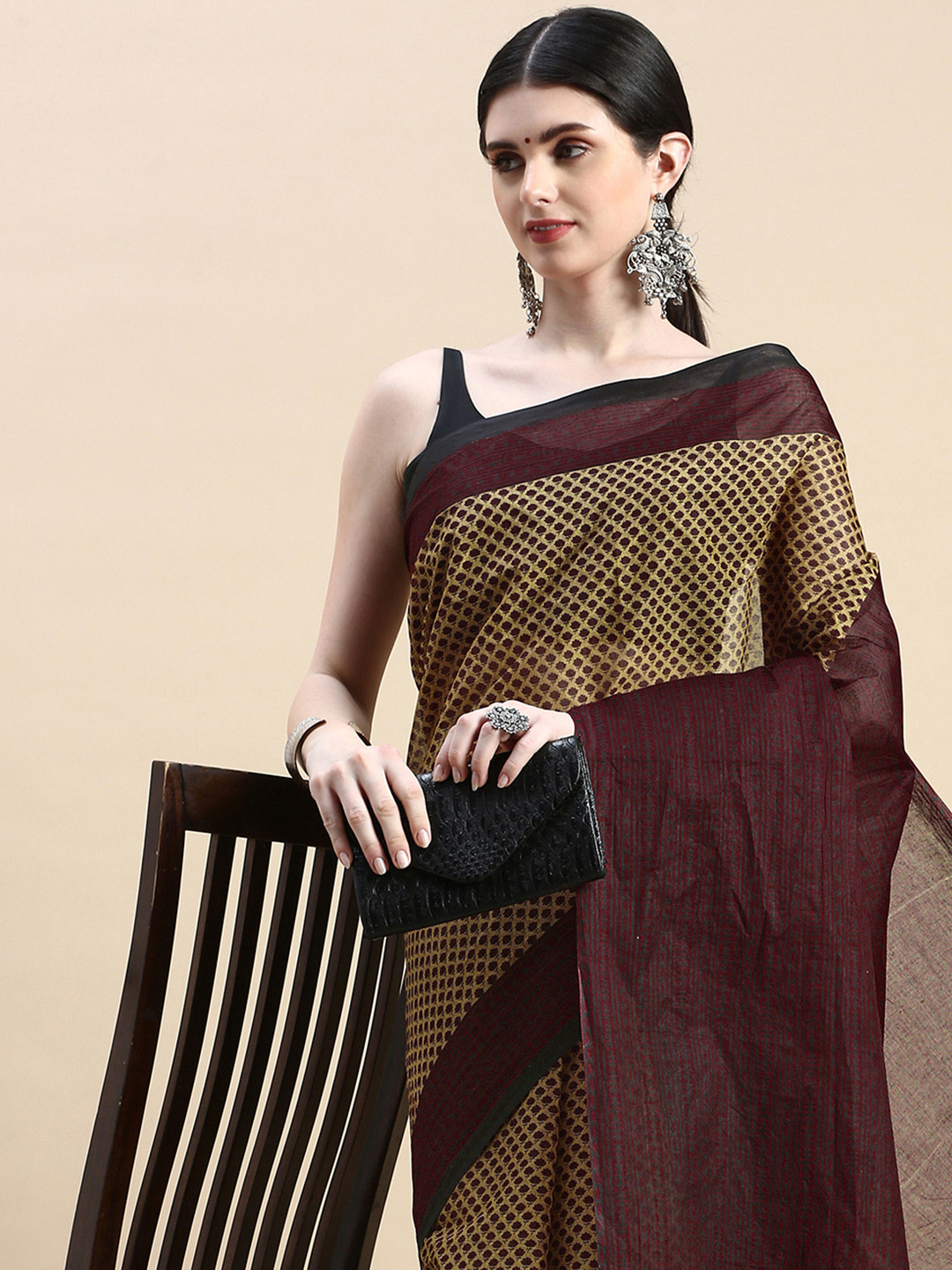 SHANVIKA Rust & Blue Floral Pure Cotton Block Print Saree