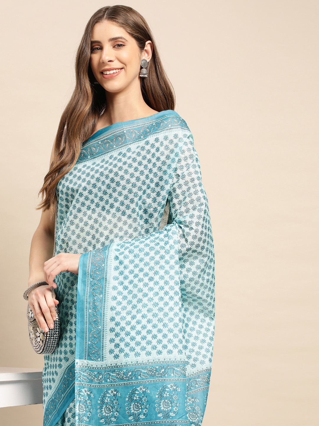 SHANVIKA Floral Block Print Pure Cotton Saree