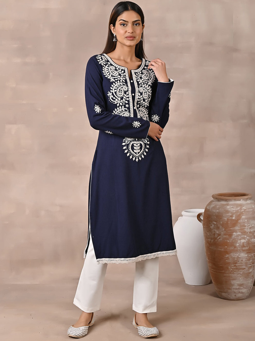 Lakshita Women Ethnic Motifs Embroidered Mirror Work Woolen Kurta