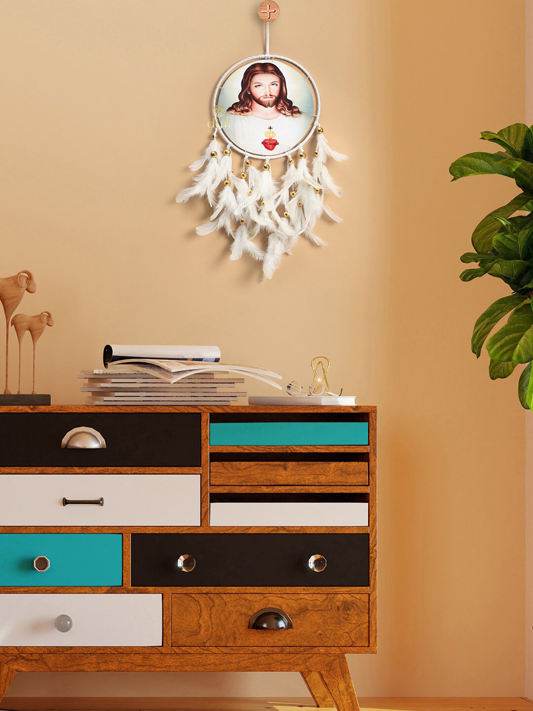 DULI White & Brown Jesus Printed Hanging Dream Catcher Windchimes