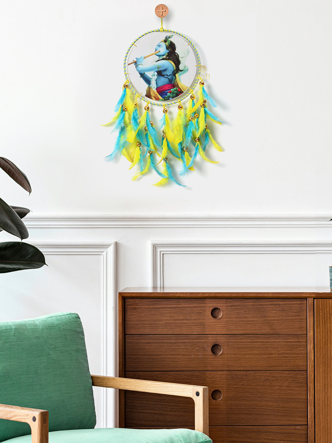 DULI Yellow & Blue Krishanji Printed Hanging Dream Catcher Windchimes