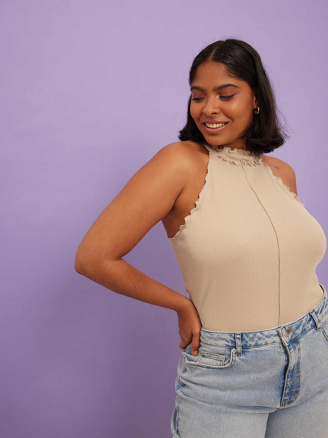 NA-KD Organic Cotton High Neck Ruffles Lettuce Edge Top