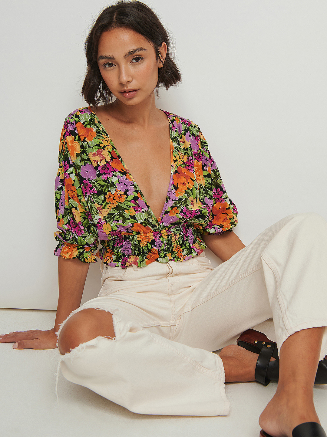 NA-KD Floral Print Smocked Styled Back Crop Top