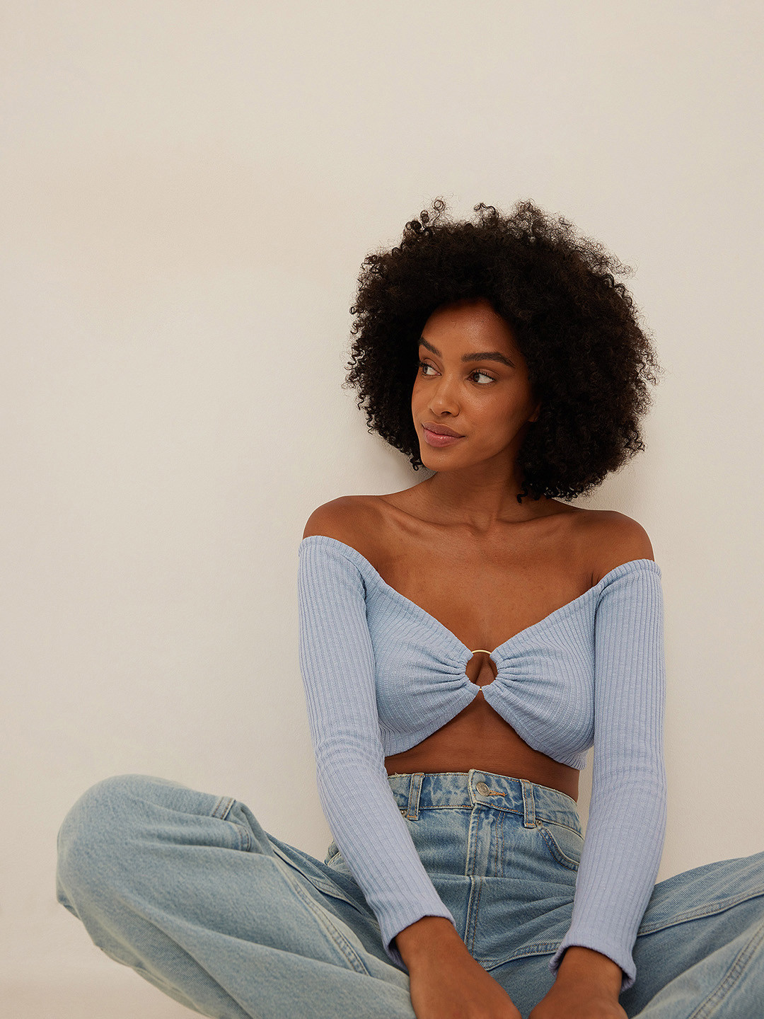 NA-KD Ribbed Cut Out Detail Off-Shoulder Crop Top