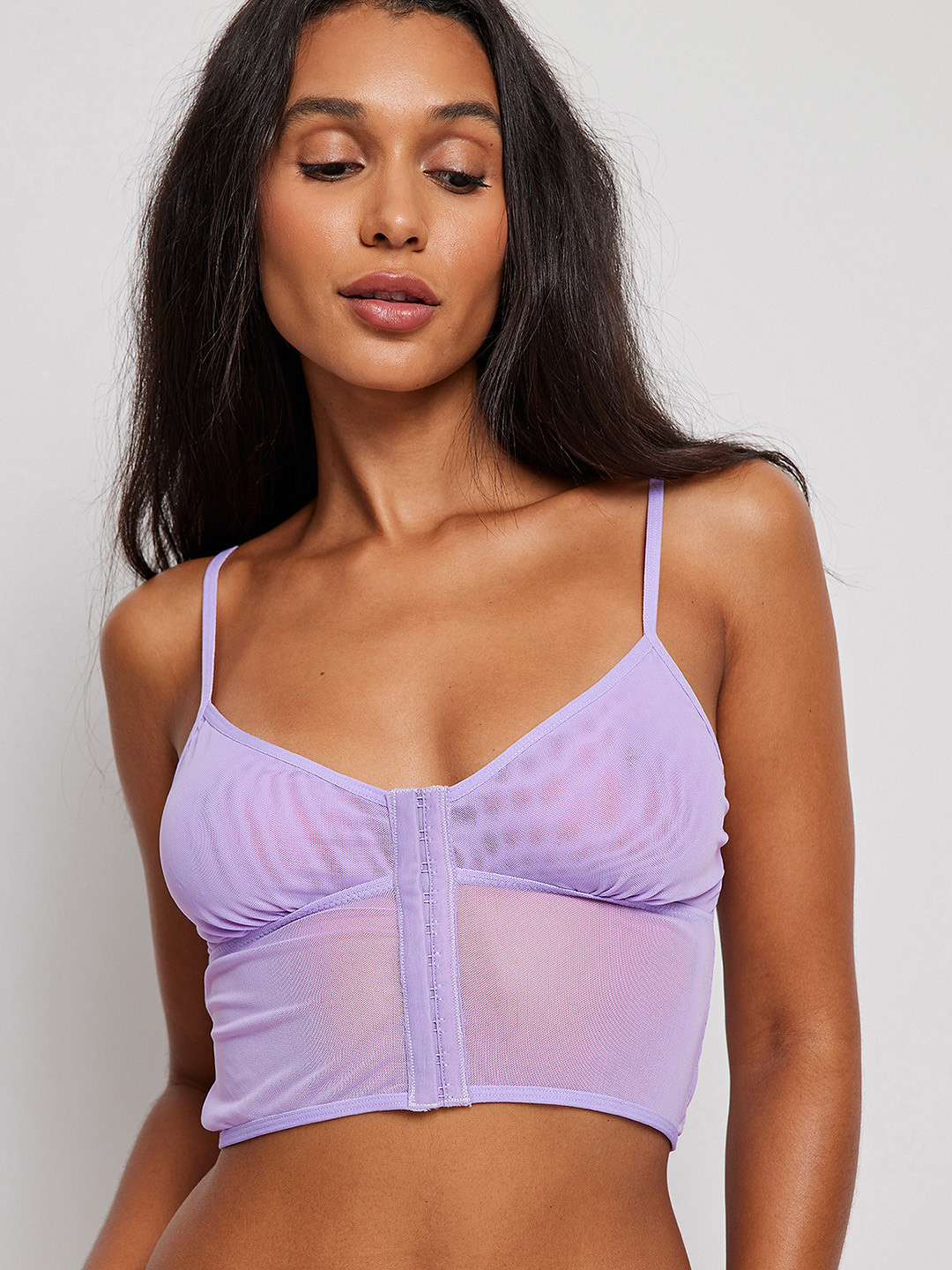 NA-KD Self-Design Hook & Bar Closure Semi-Sheer Crop Top