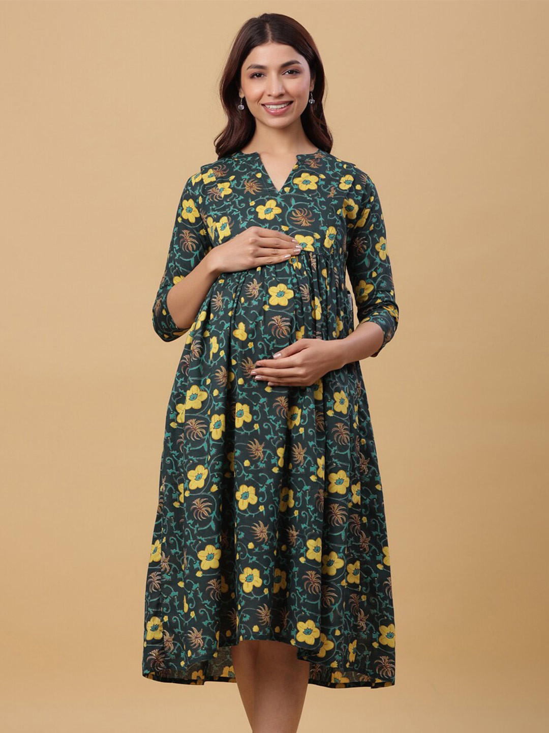 CRAFIQA Floral Printed Maternity Band Collar Empire Midi Cotton Dress